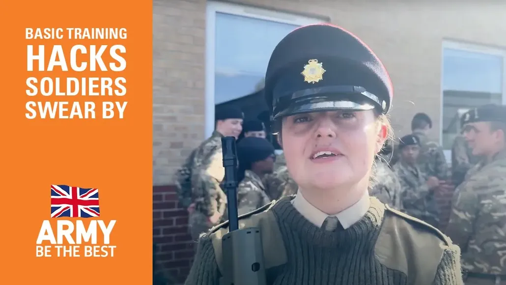 Thumbnail icon for video saying "basic training hacks soldiers swear by"
