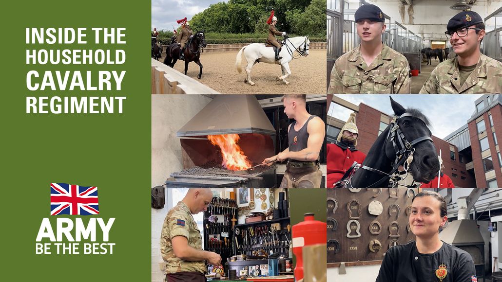 Collage depicting the Household Cavalry Regiment with soldiers, horses and blacksmith highlighting training and duties.