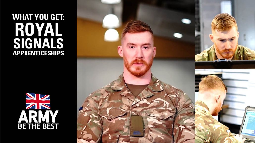 Soldier in camouflage uniform discussing Royal Signals apprenticeships with British flag and "ARMY BE THE BEST" text.