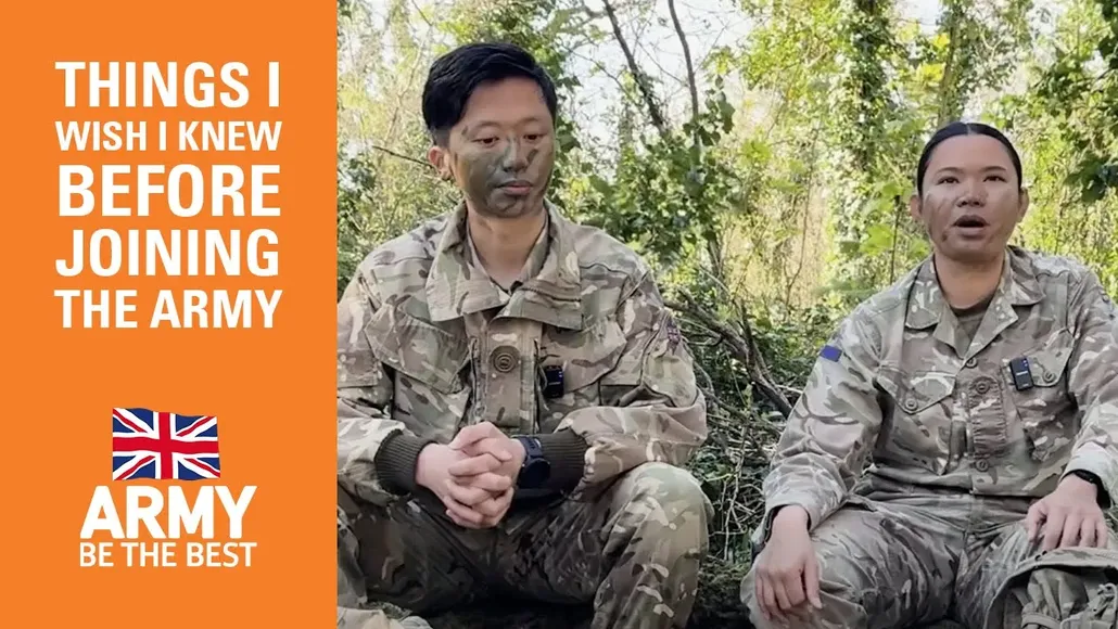screenshot of video with title "things I wish I knew before joining the Army. Two soldiers are sitting in the woodland.