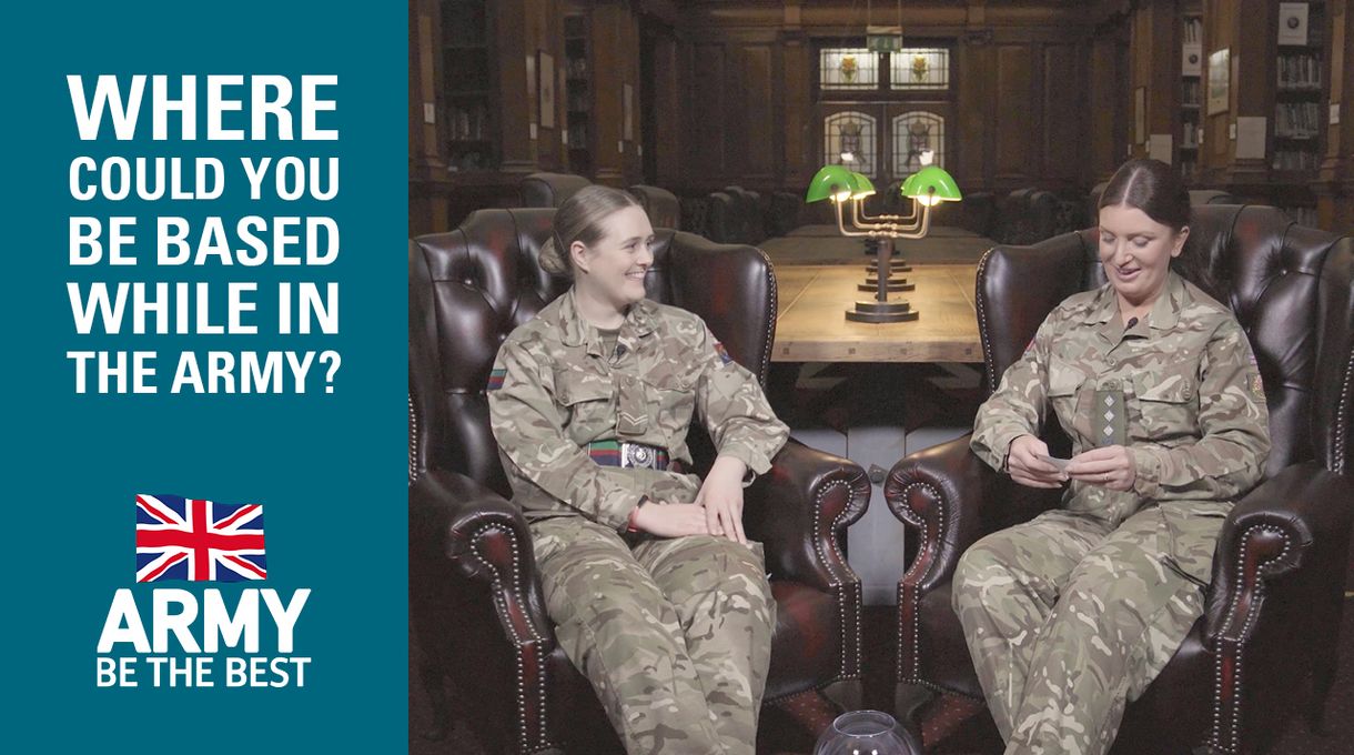 Two soldiers in uniform sit in armchairs, smiling, with a text asking about army base locations on the left side.