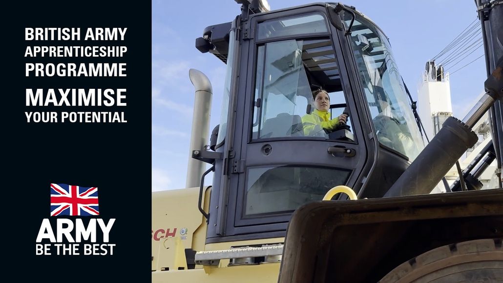 A person operates construction machinery next to text about the British Army Apprenticeship Programme, featuring a "Maximise Your Potential" slogan and UK flag.