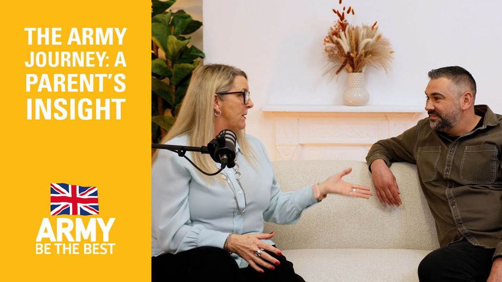 Two people sit on a couch discussing. Graphic text reads, "THE ARMY JOURNEY: A PARENT’S INSIGHT" with a Union Jack flag and "ARMY BE THE BEST."