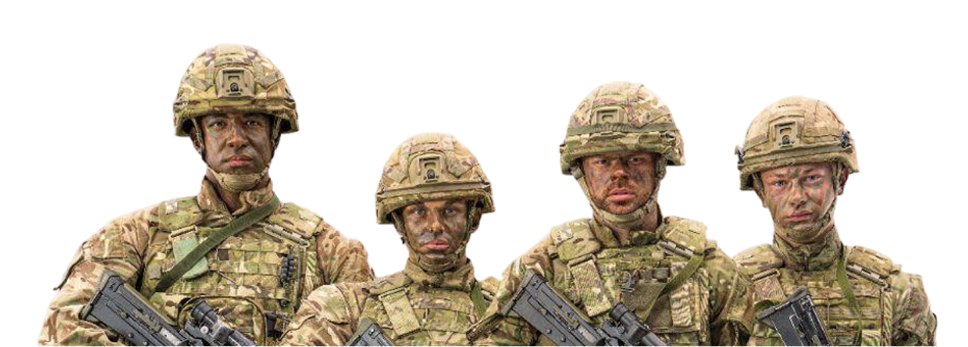 Four soldiers in camouflage uniforms and helmets, holding rifles, with faces painted for camouflage.