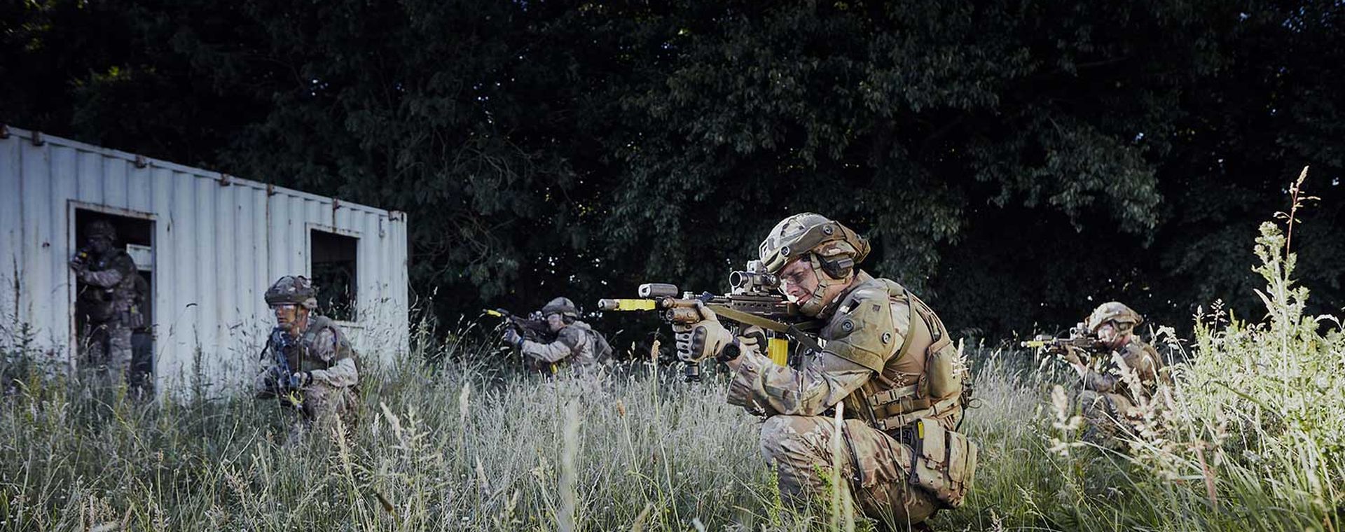 Soldiers in long grass aiming their rifles