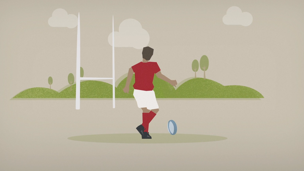 A animated rugby player preparing to kick the ball to the goal