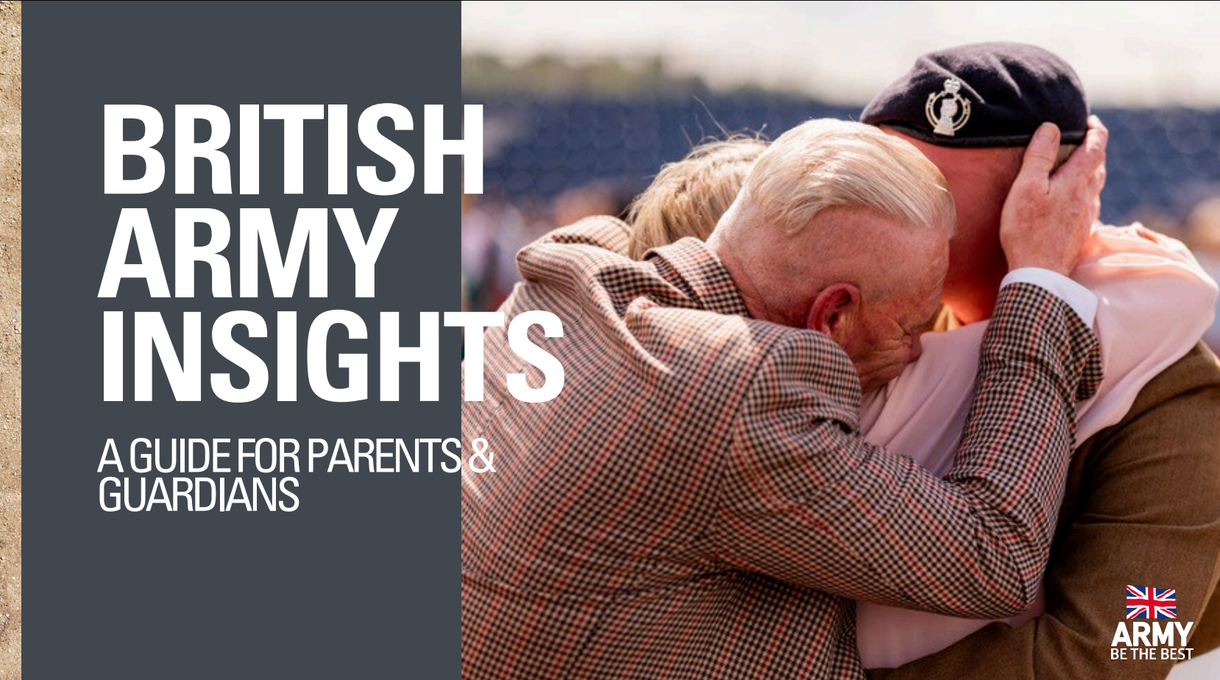 Cover of "British Army Insights: A Guide for Parents & Guardians" featuring an emotional embrace between two uniformed individuals.