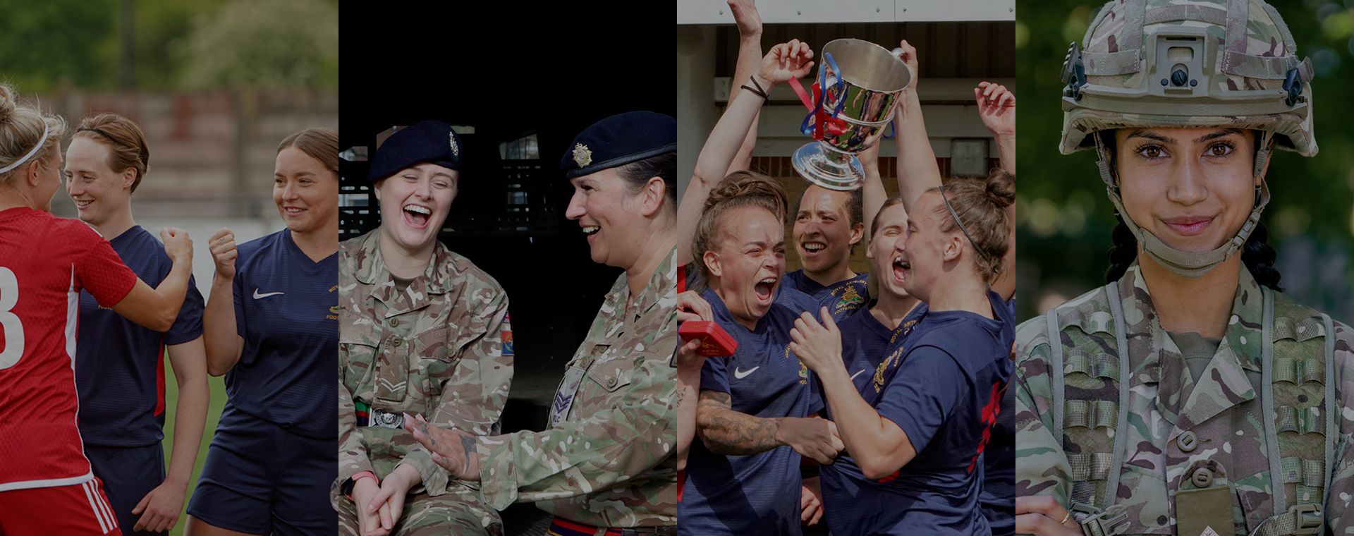 Split image: Women in sports and military uniforms celebrating on the left; woman in full military gear smiling confidently on the right.