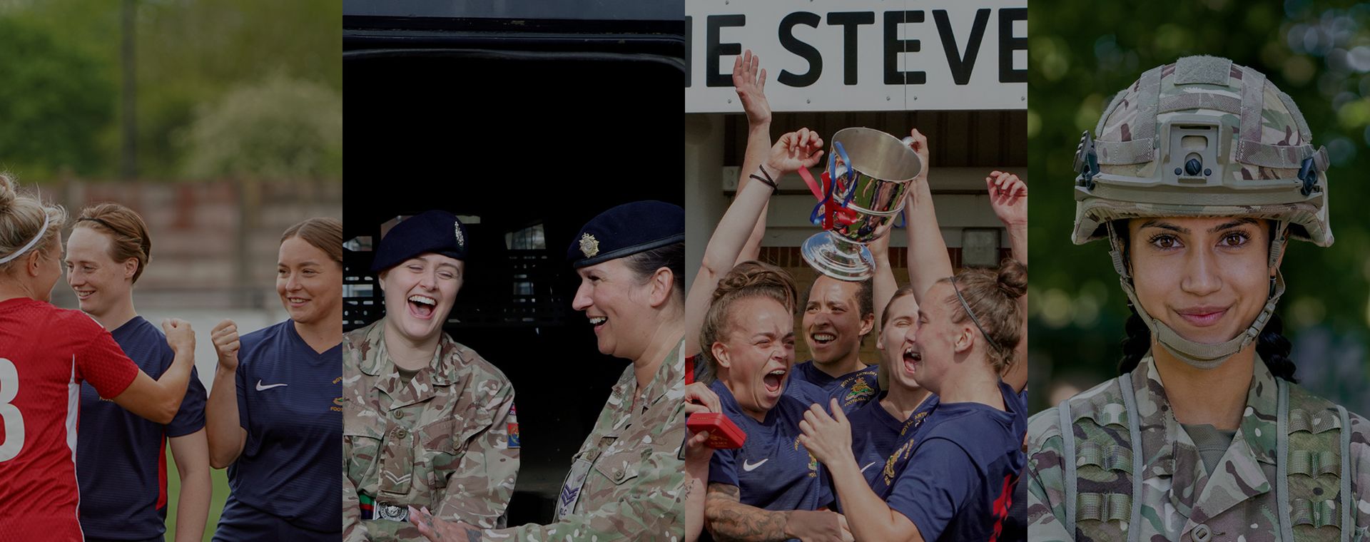 Split image: Women in sports and military uniforms celebrating on the left; woman in full military gear smiling confidently on the right.