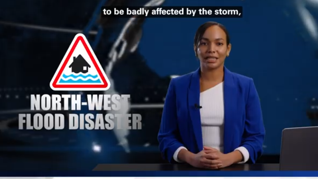 UPS session 1 video screenshot of flooding on news