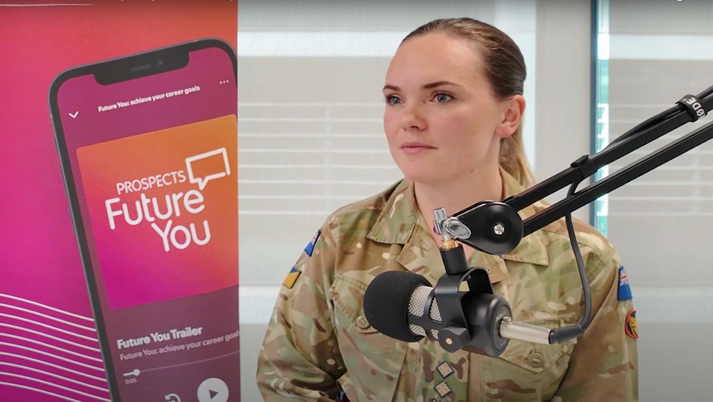 A person in military uniform speaks into a microphone. A smartphone screen displays "Prospects Future You" on a pink background.