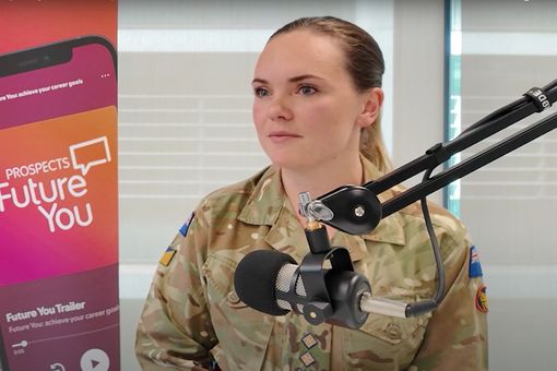 A person in military uniform speaks into a microphone. A smartphone screen displays "Prospects Future You" on a pink background.