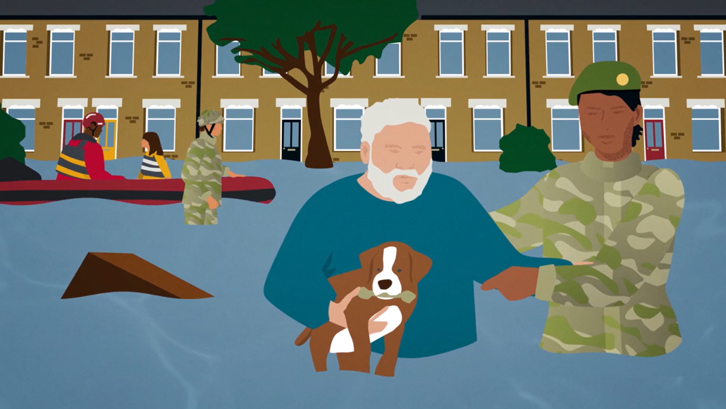 Animation still of the the army providing flood relief
