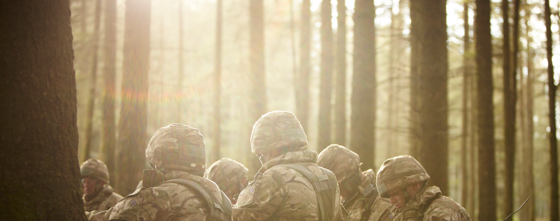 Soldiers in camouflage gear are seated in a forest, sunlight filtering through the trees, creating a serene yet tense atmosphere.