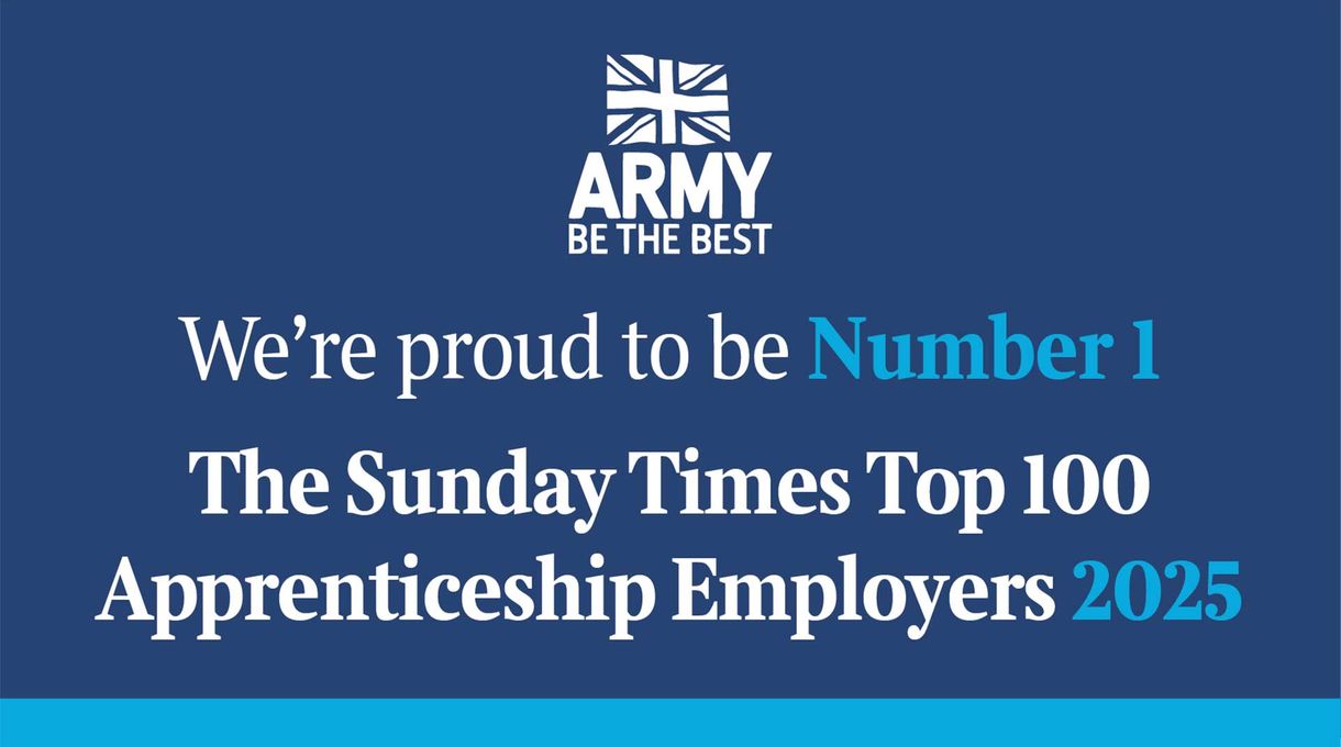 Blue background with text: "ARMY BE THE BEST. We're proud to be Number 1 The Sunday Times Top 100 Apprenticeship Employers 2025."