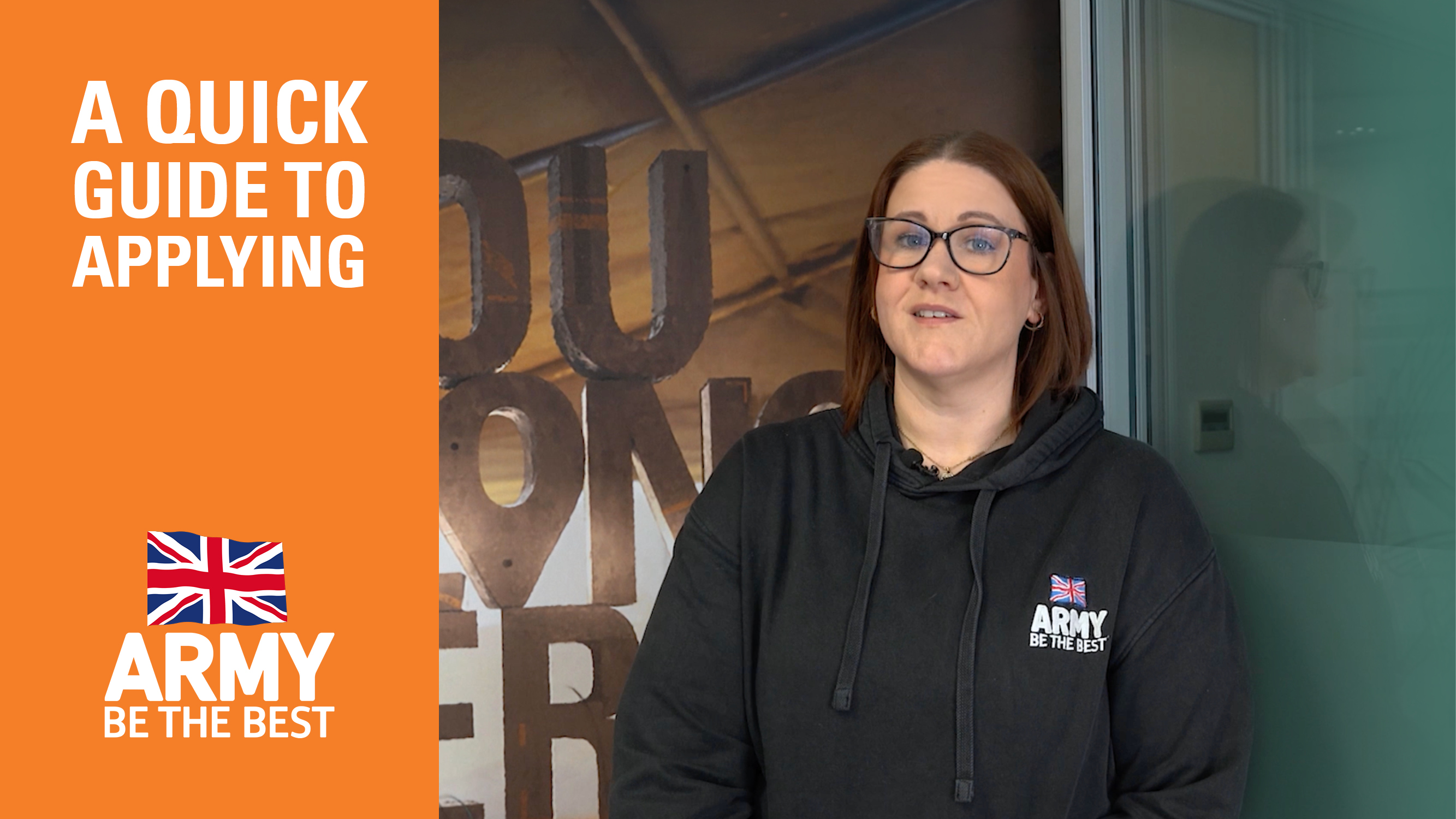 A person in a black hoodie with the text "ARMY BE THE BEST" stands next to an orange section titled "A Quick Guide to Applying."