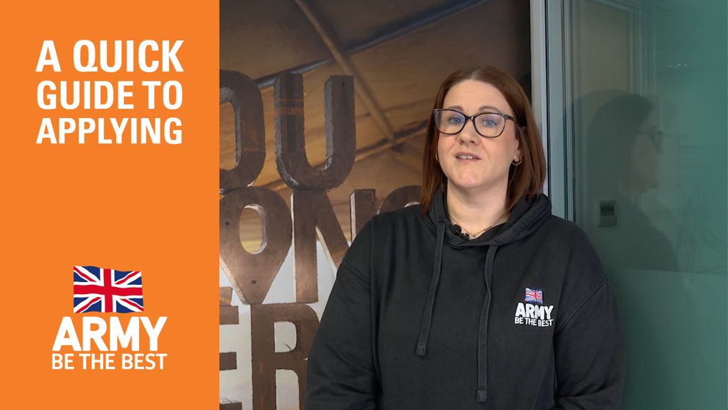 A person in a black hoodie with the text "ARMY BE THE BEST" stands next to an orange section titled "A Quick Guide to Applying."