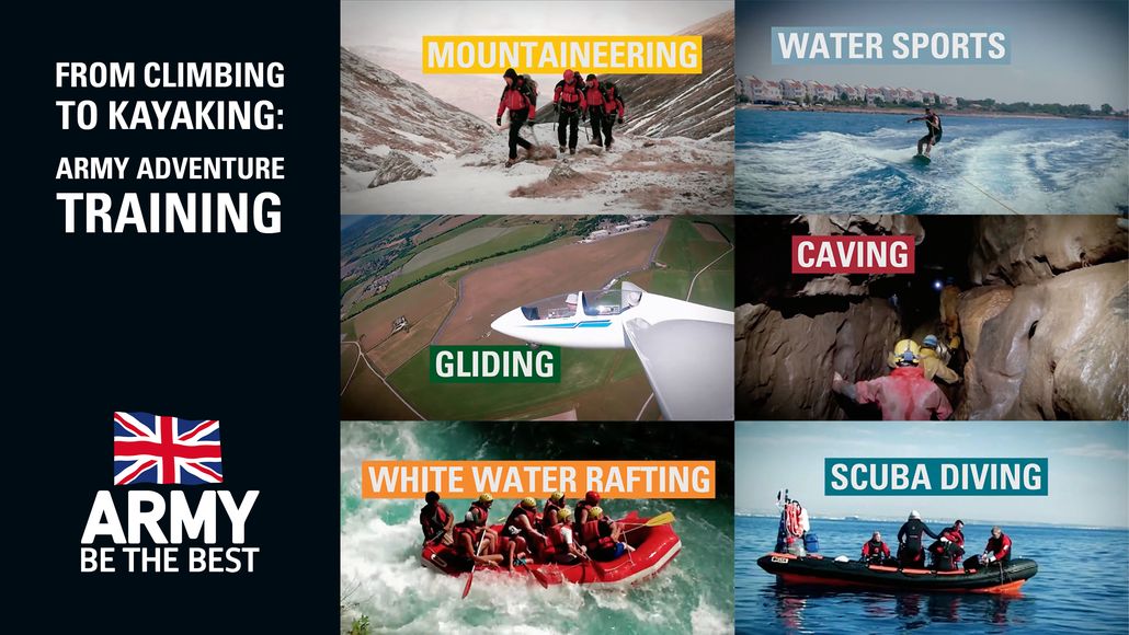 Collage of army adventure training activities: mountaineering, water sports, gliding, caving, white water rafting, and scuba diving.