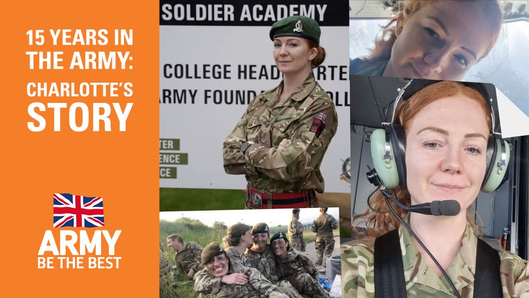 Collage of a female soldier in uniform, with text: "15 Years in the Army: Charlotte's Story".