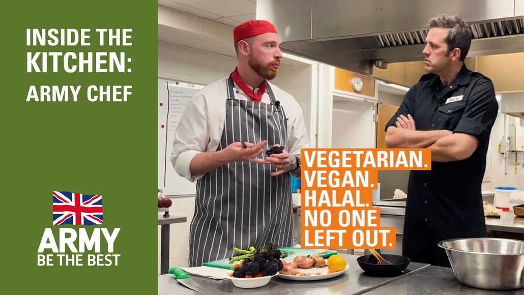 Two chefs in a kitchen, one in a red hat and apron, discuss diverse meal options. Text highlights inclusivity: vegetarian, vegan, halal.