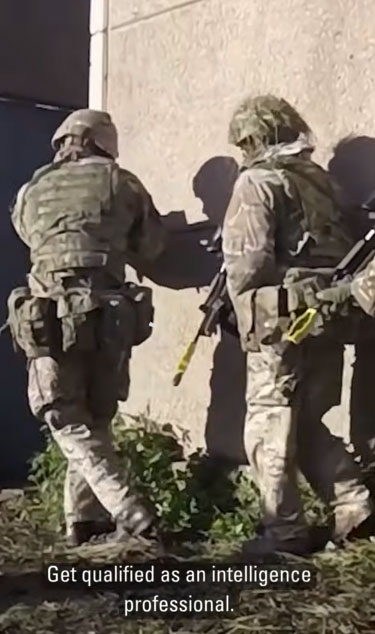 Two soldiers in camouflage gear stand beside a wall, holding equipment; text reads, "Get qualified as an intelligence professional."