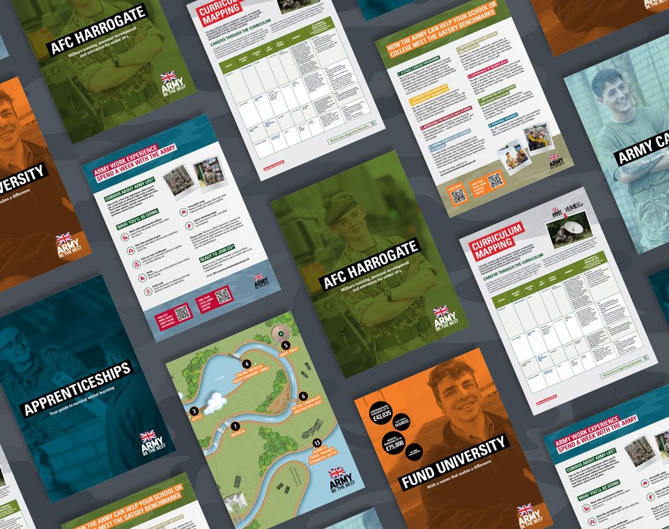 A variety of colorful brochures and posters displayed in a grid pattern, featuring topics like AFC Harrogate, army careers, apprenticeships, and university funding.