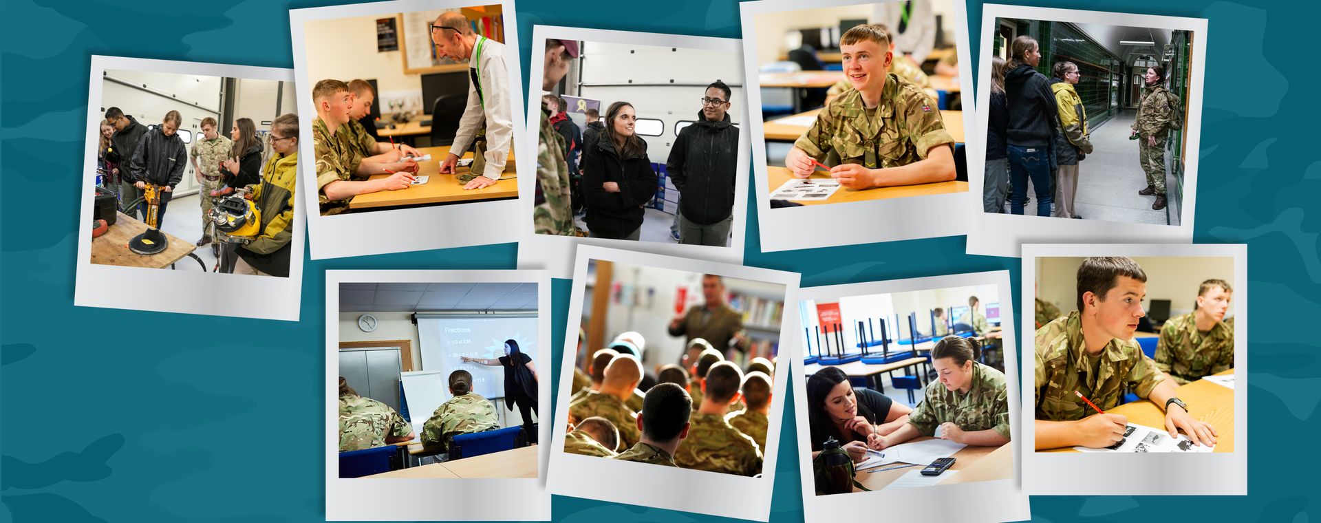 Collage of cadets in various activities: classroom sessions, discussions, and teamwork, against a camouflage-patterned background.