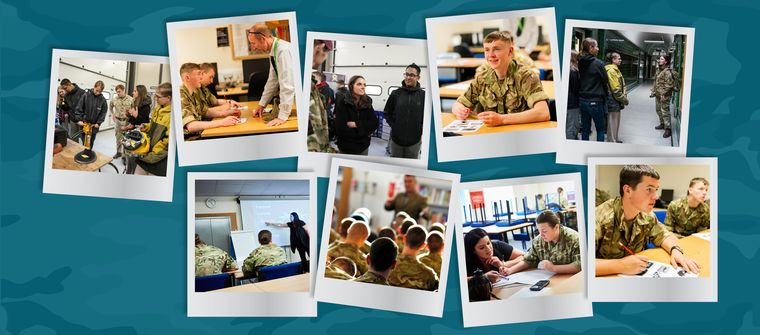 Collage of cadets in various activities: classroom sessions, discussions, and teamwork, against a camouflage-patterned background.