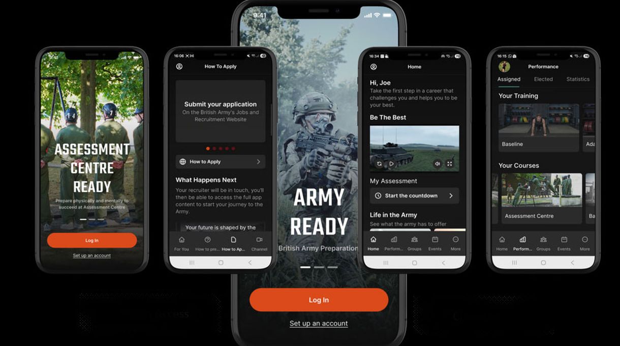 Five smartphones displaying various screens of a British Army preparation app, including assessment and training features.