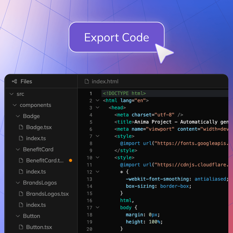 Export Code HTML or React