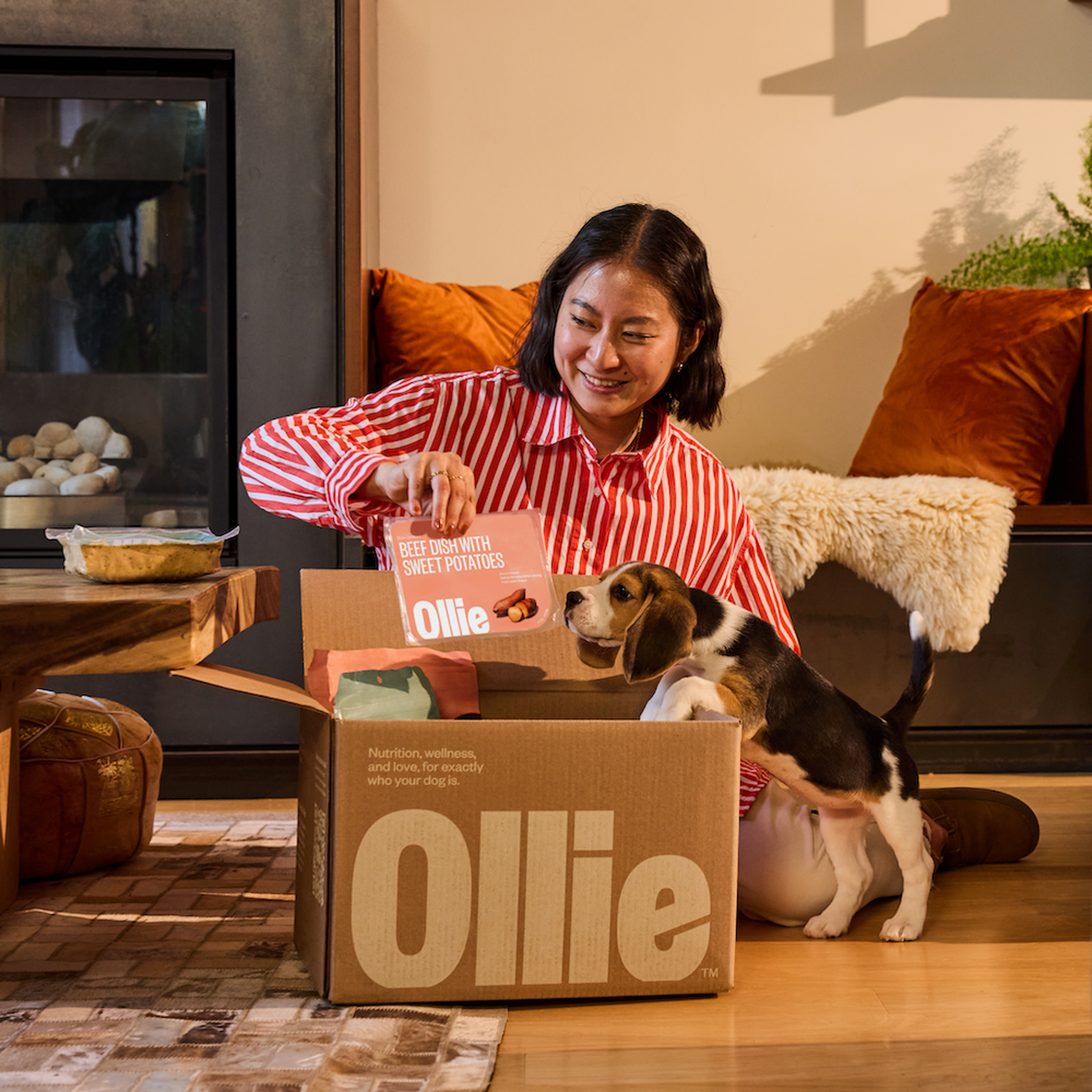 A woman in a red striped shirt unpacks a box labeled "Ollie" with a beagle puppy beside her in a cozy living room.