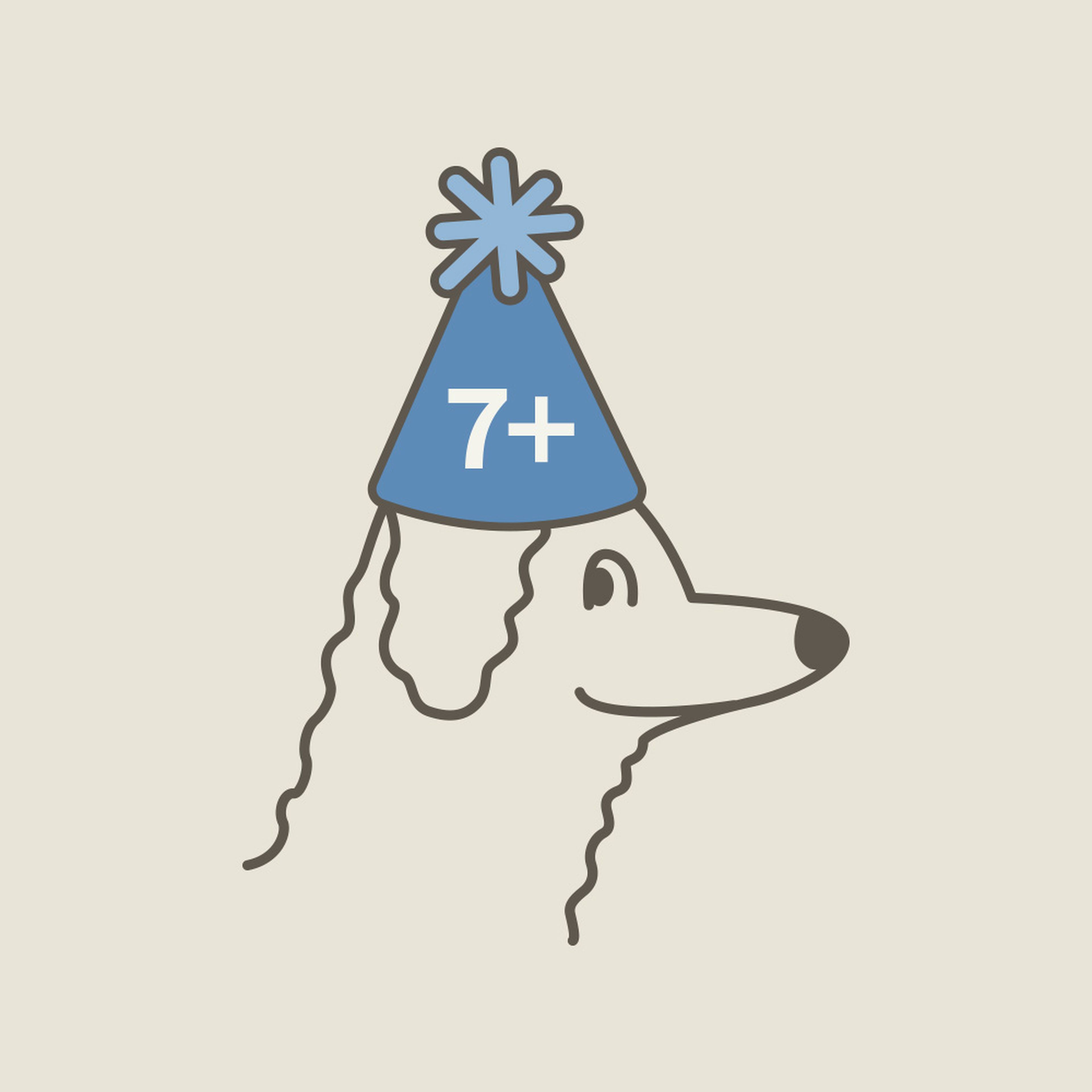 Illustration of a dog wearing a blue party hat with "7+" on it, set against a plain background.