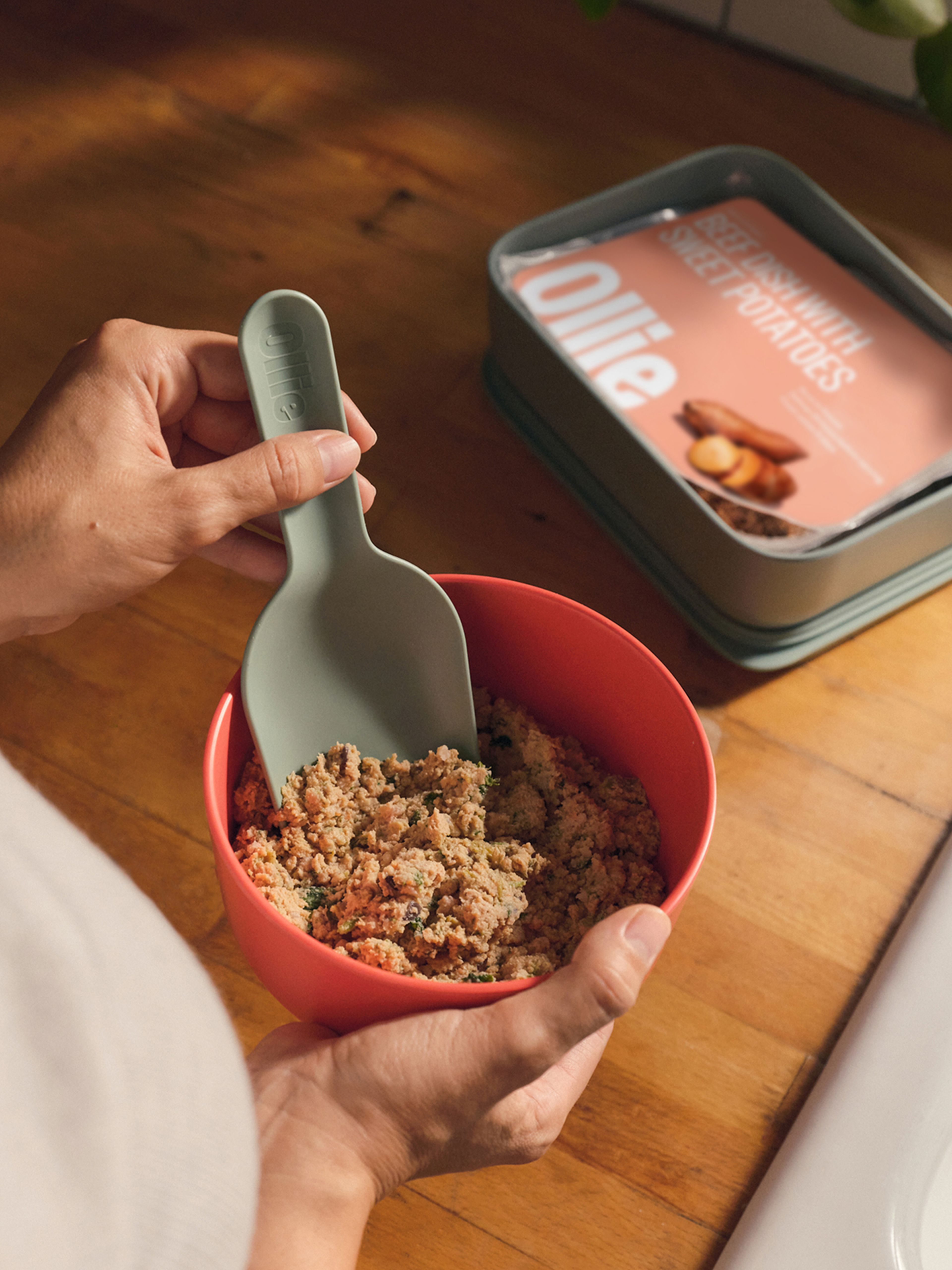 Person scooping dog food from a red bowl with a gray scoop. A container labeled "Ollie" is in the background on a wooden surface.