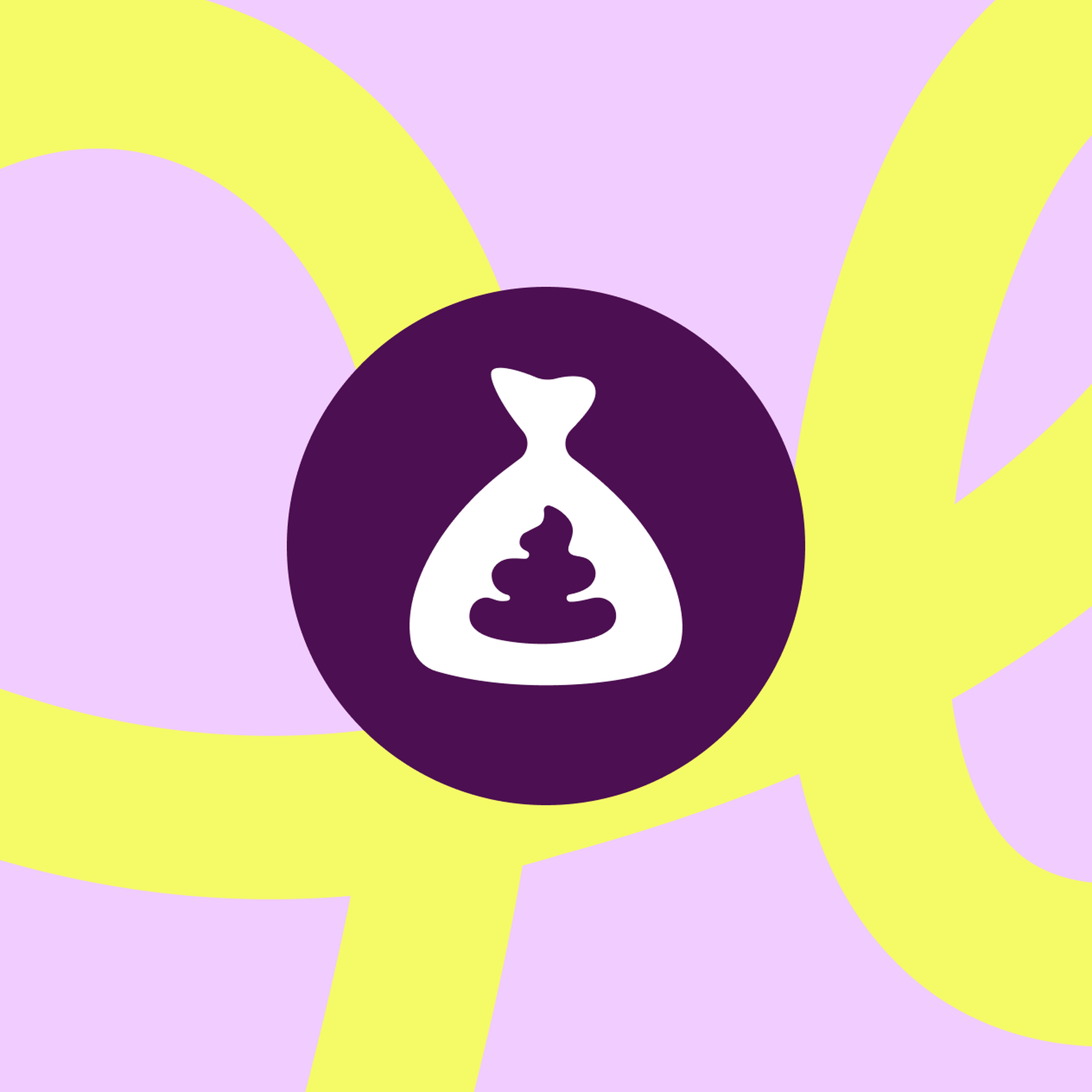 A purple circle with a white dog waste bag icon on a pastel purple background with yellow abstract lines.