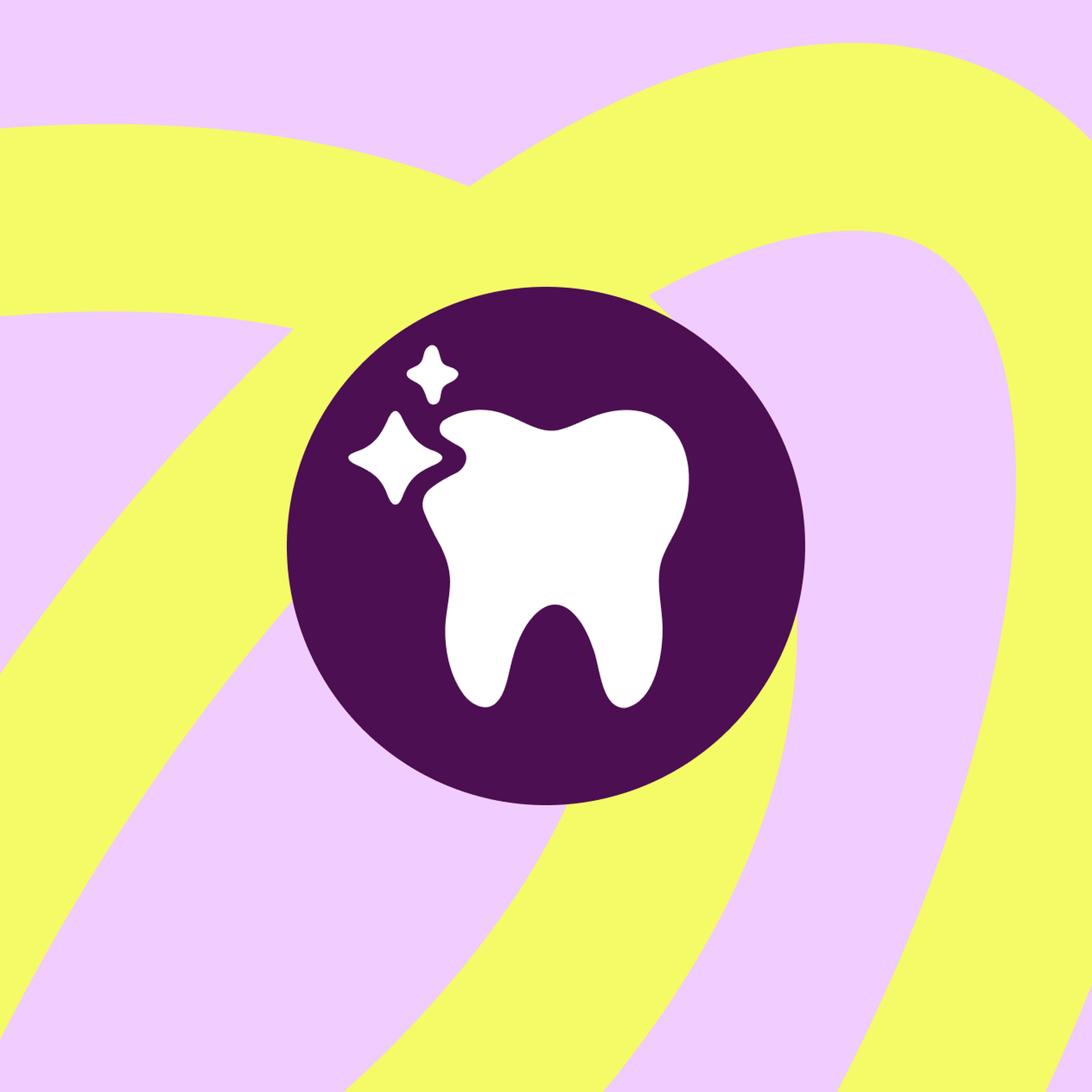 Illustration of a white tooth with sparkles on a purple circle, set against a pastel purple and yellow wavy background.