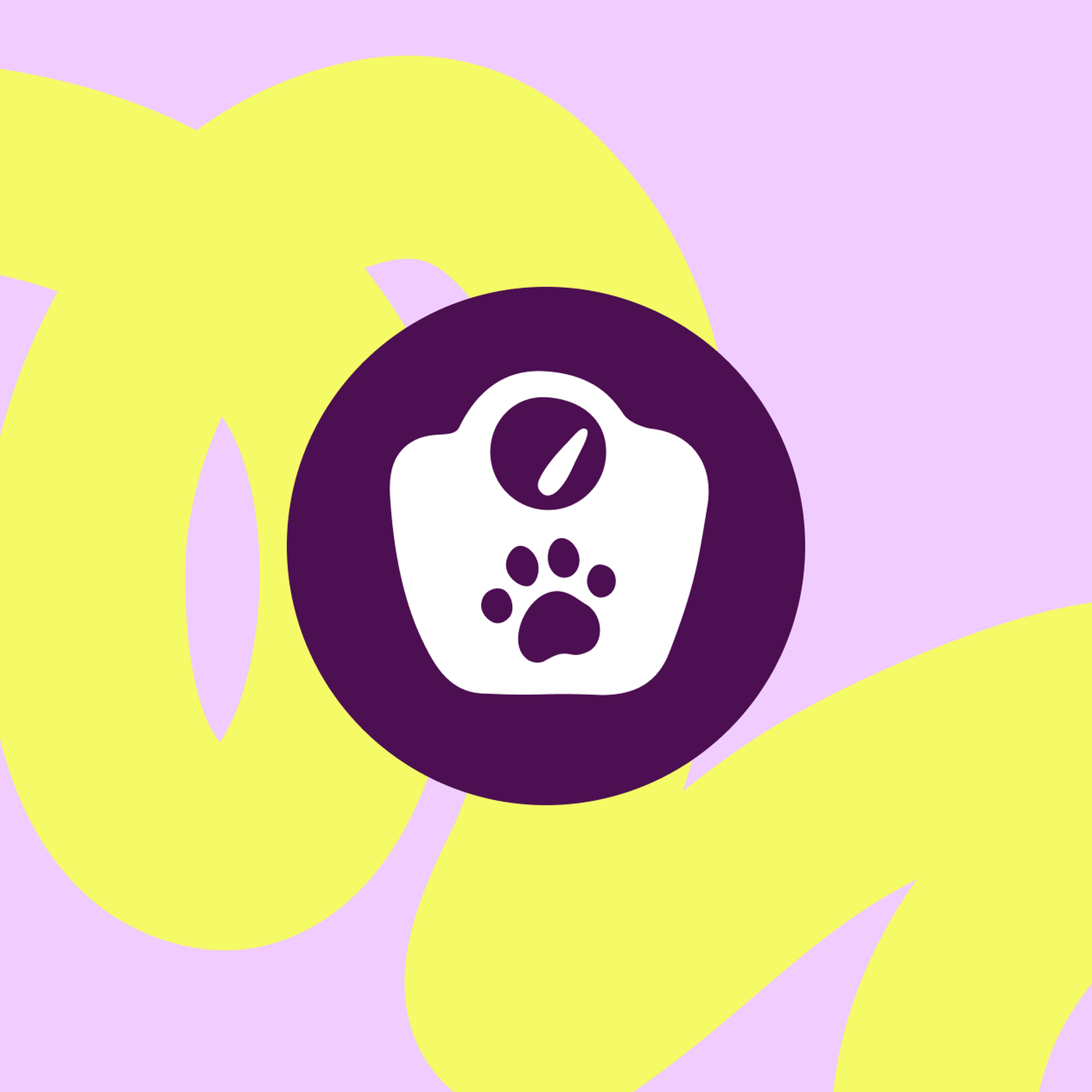 Icon of a weight scale with a paw print on it, set against a purple circle on a pastel yellow and lavender background.