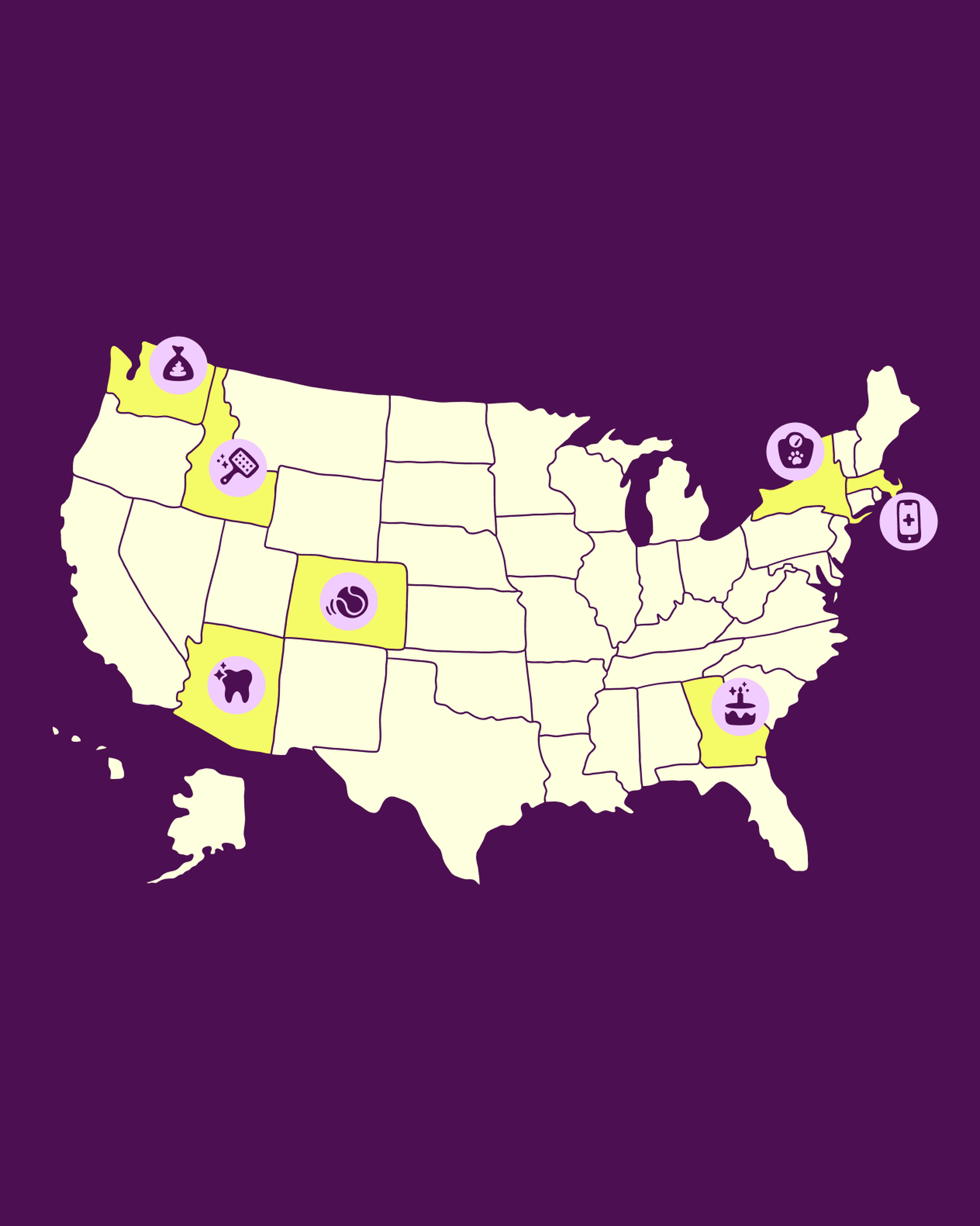 A map of the United States highlighting six states in yellow, each with different icons representing various concepts.
