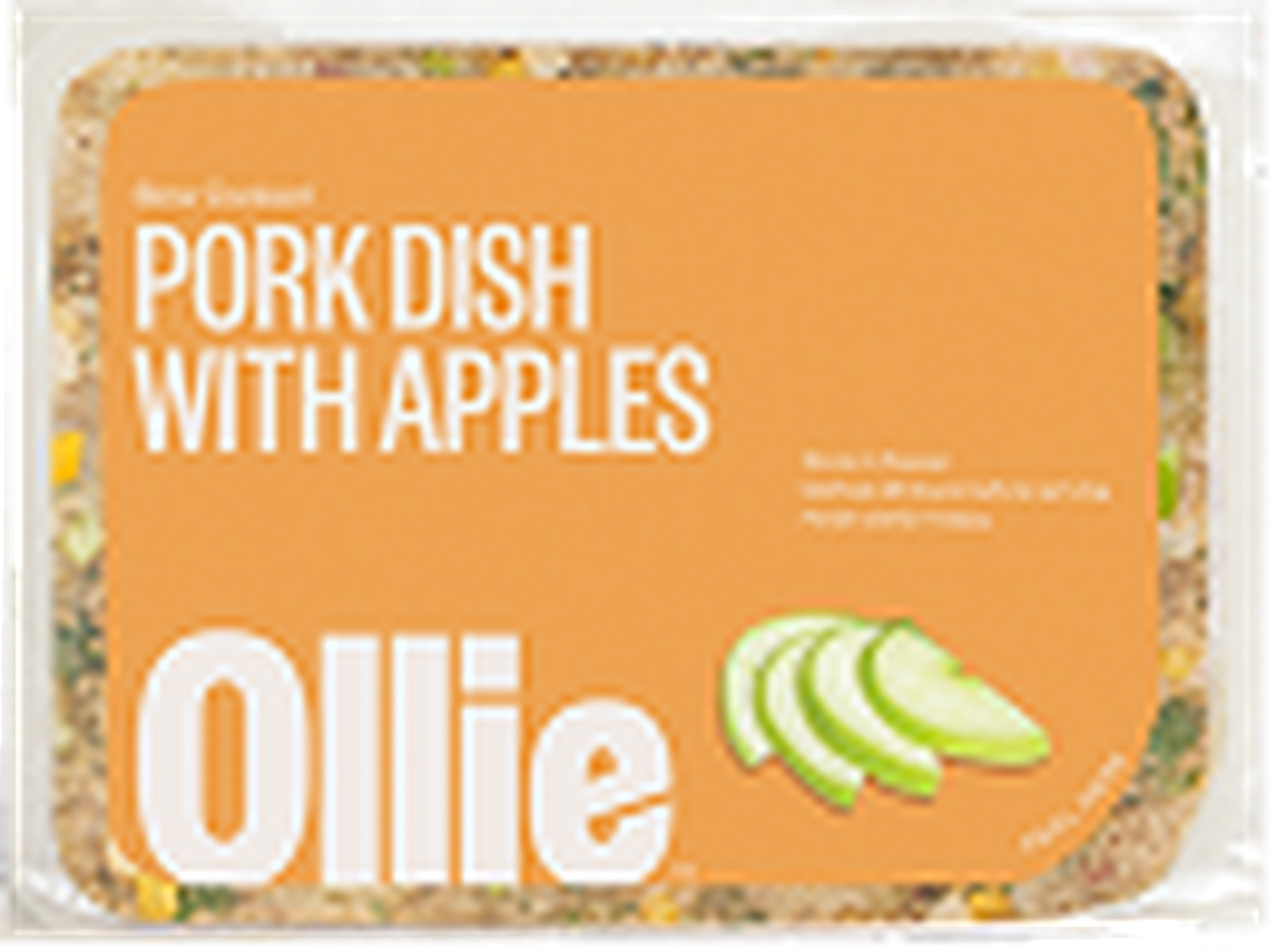 Packaging of Ollie dog food featuring a pork dish with apples, labeled "Ollie." Slices of green apple are illustrated on the package.