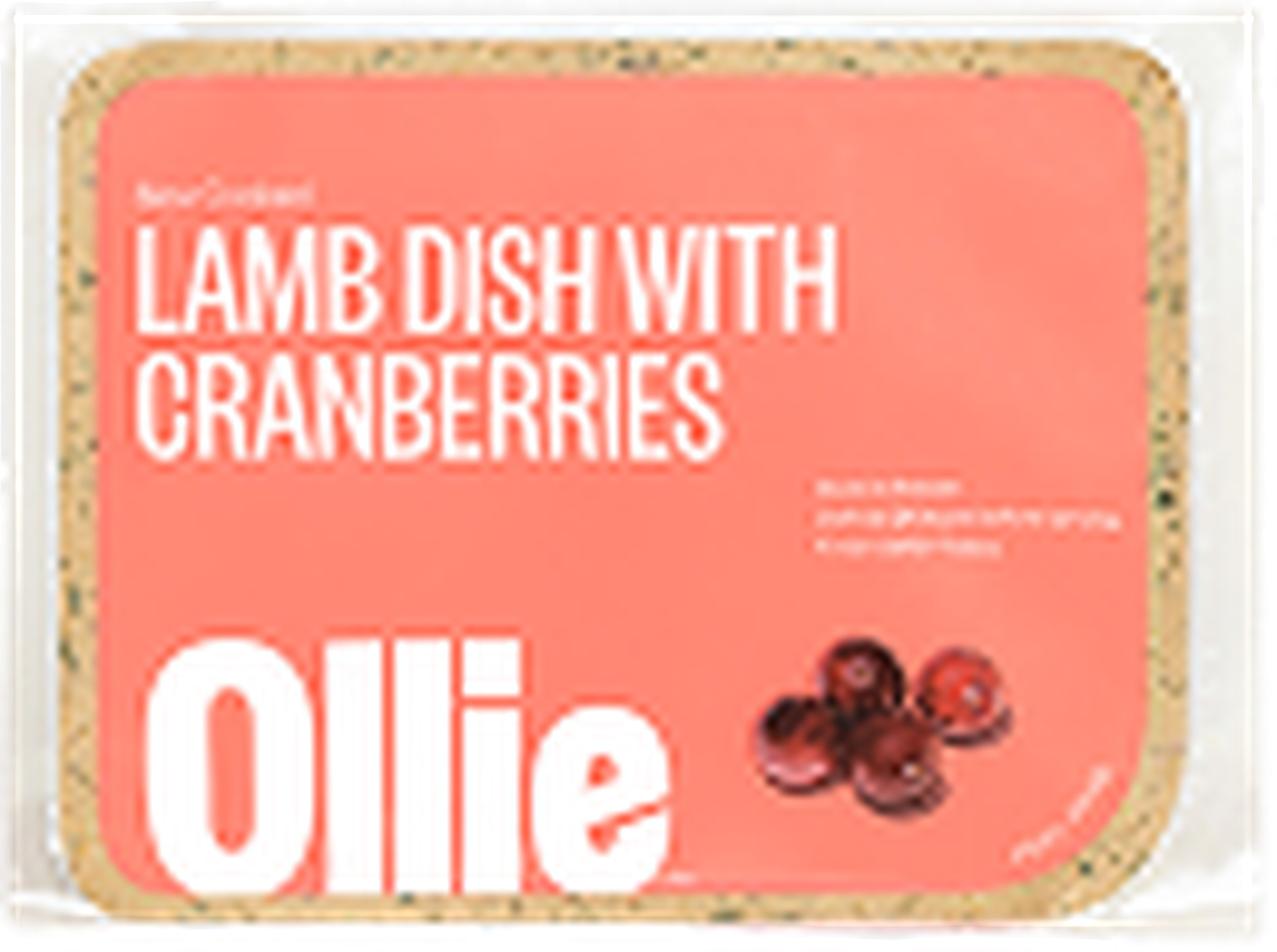 Packaging for "Lamb Dish with Cranberries" by Ollie, featuring cranberries and a nutritional note.