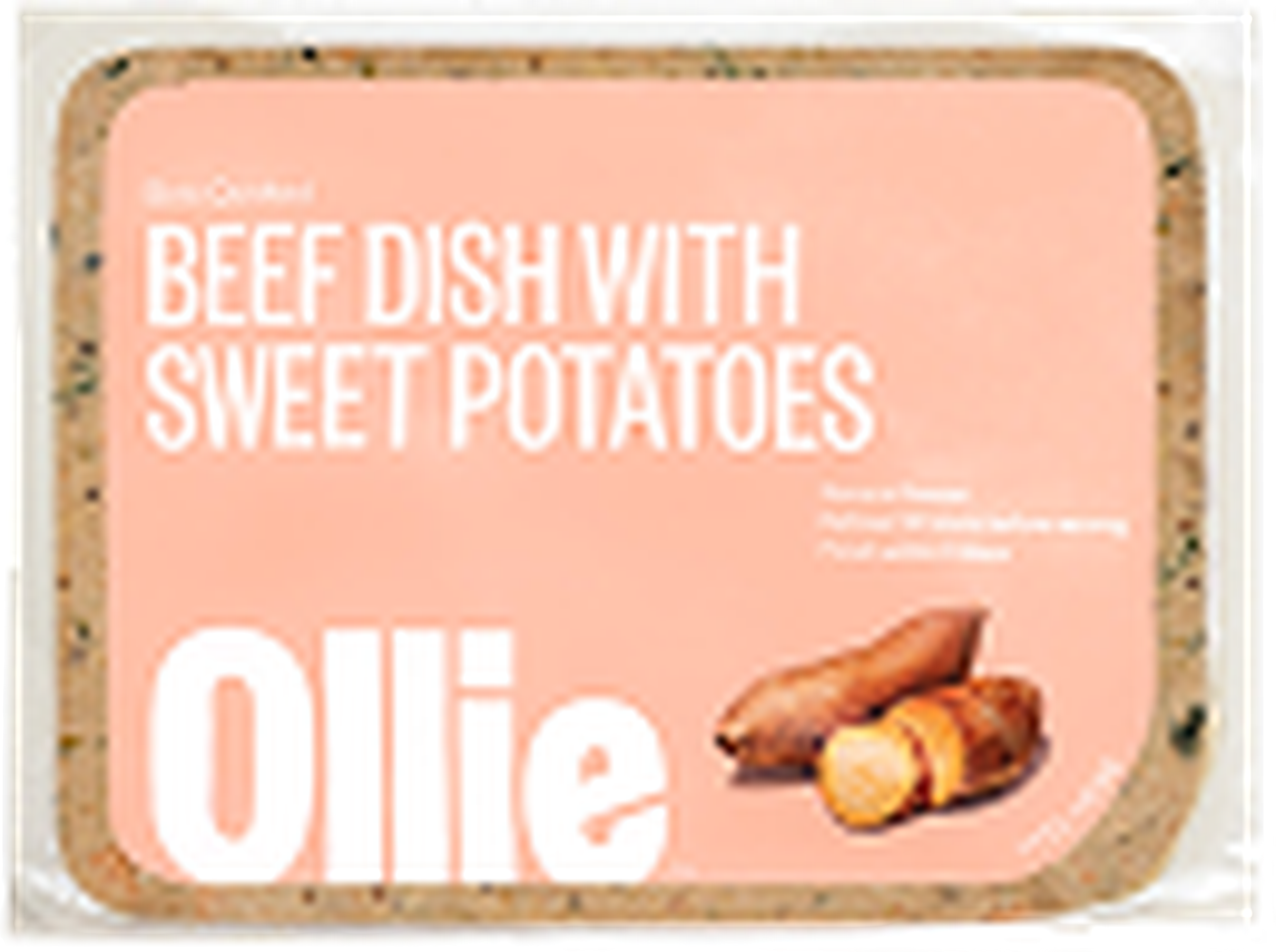 Packaging of Ollie beef dish with sweet potatoes for dogs, featuring an image of sliced sweet potatoes on a pink background.