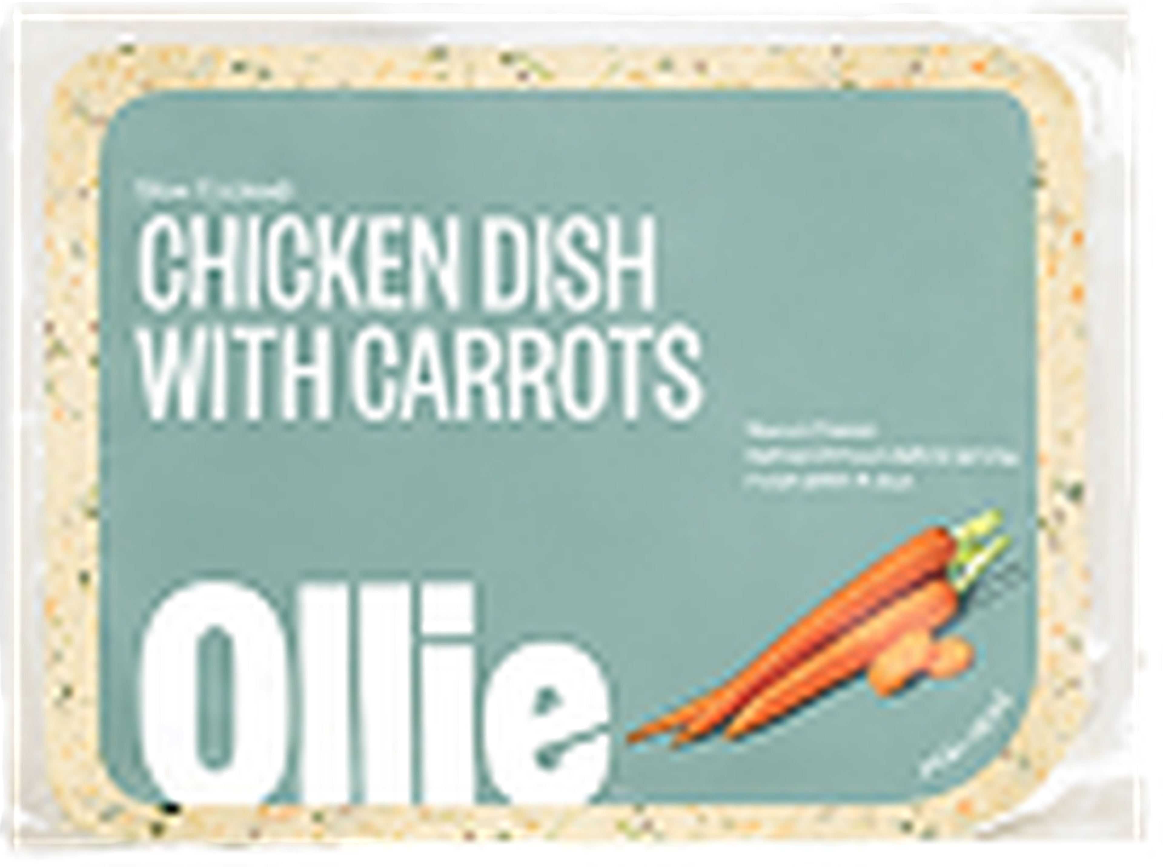 Packaging for "Ollie" featuring "Chicken Dish with Carrots" for dogs. Includes an illustration of carrots and product details.