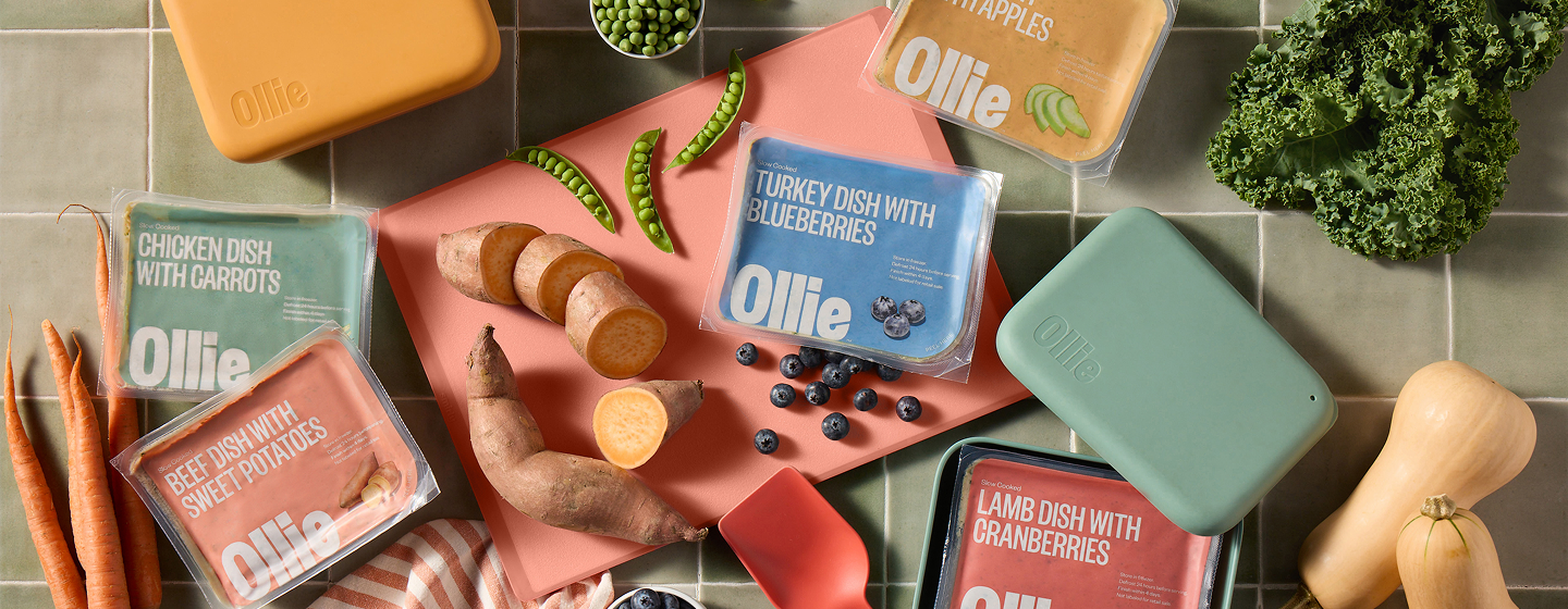 Assorted Ollie pet food packs arranged with fresh ingredients: carrots, sweet potatoes, blueberries, peas, and kale on a tiled surface.