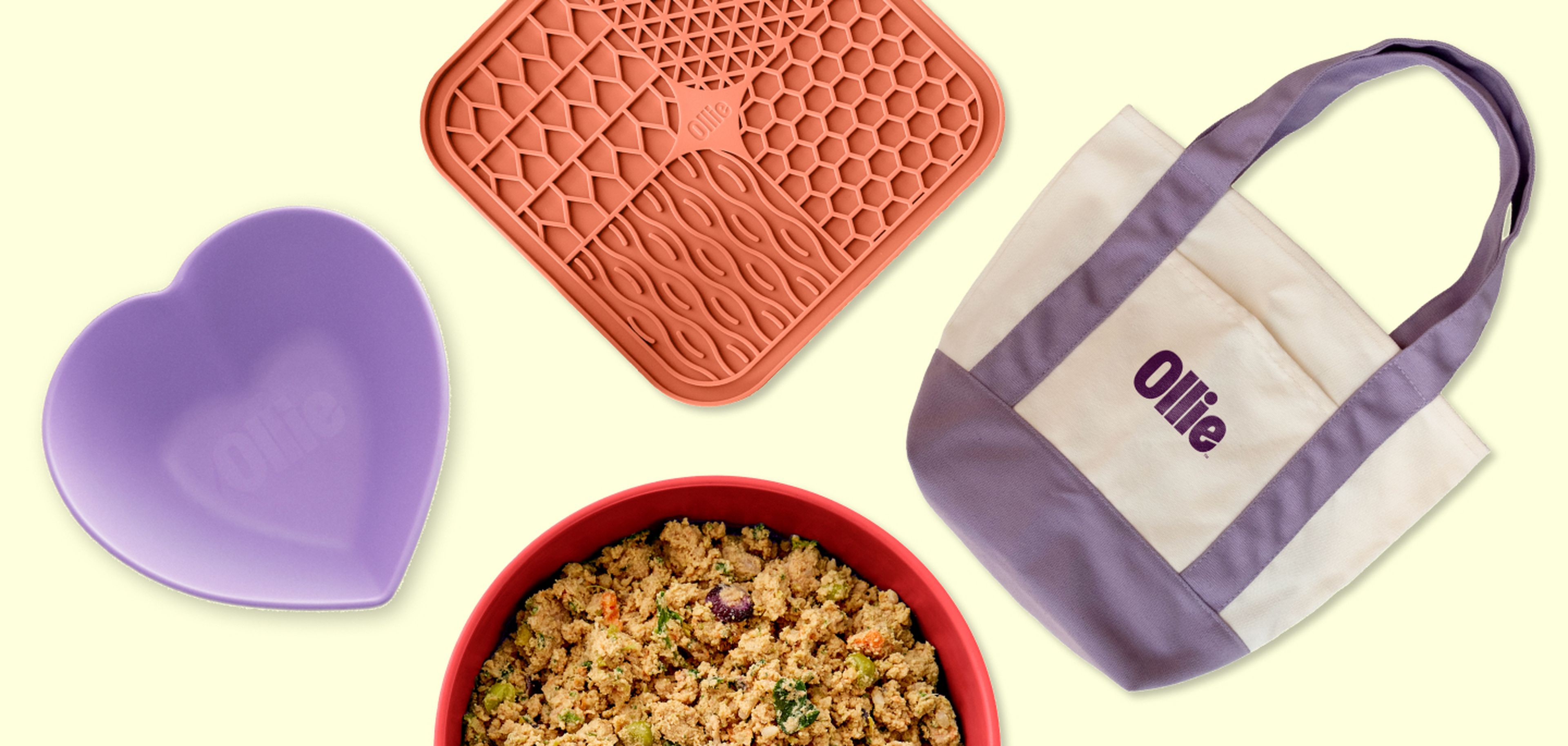 Image showing heart shaped bowl, ollie branded tote back, lick mat and Ollie bowl