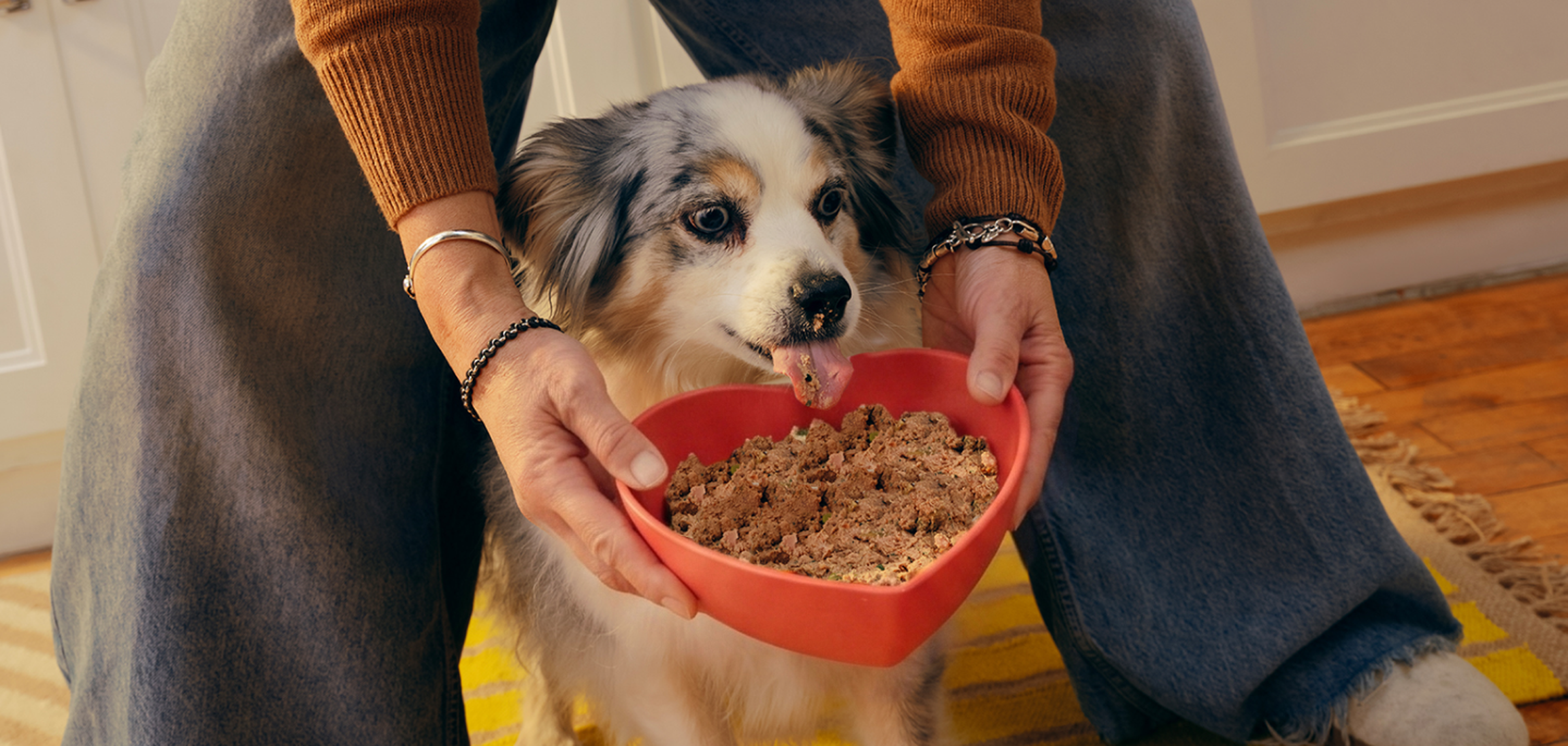 A dog eagerly licks its lips in front of a red heart-shaped bowl filled with pet food, held by a person in jeans and a brown sweater.