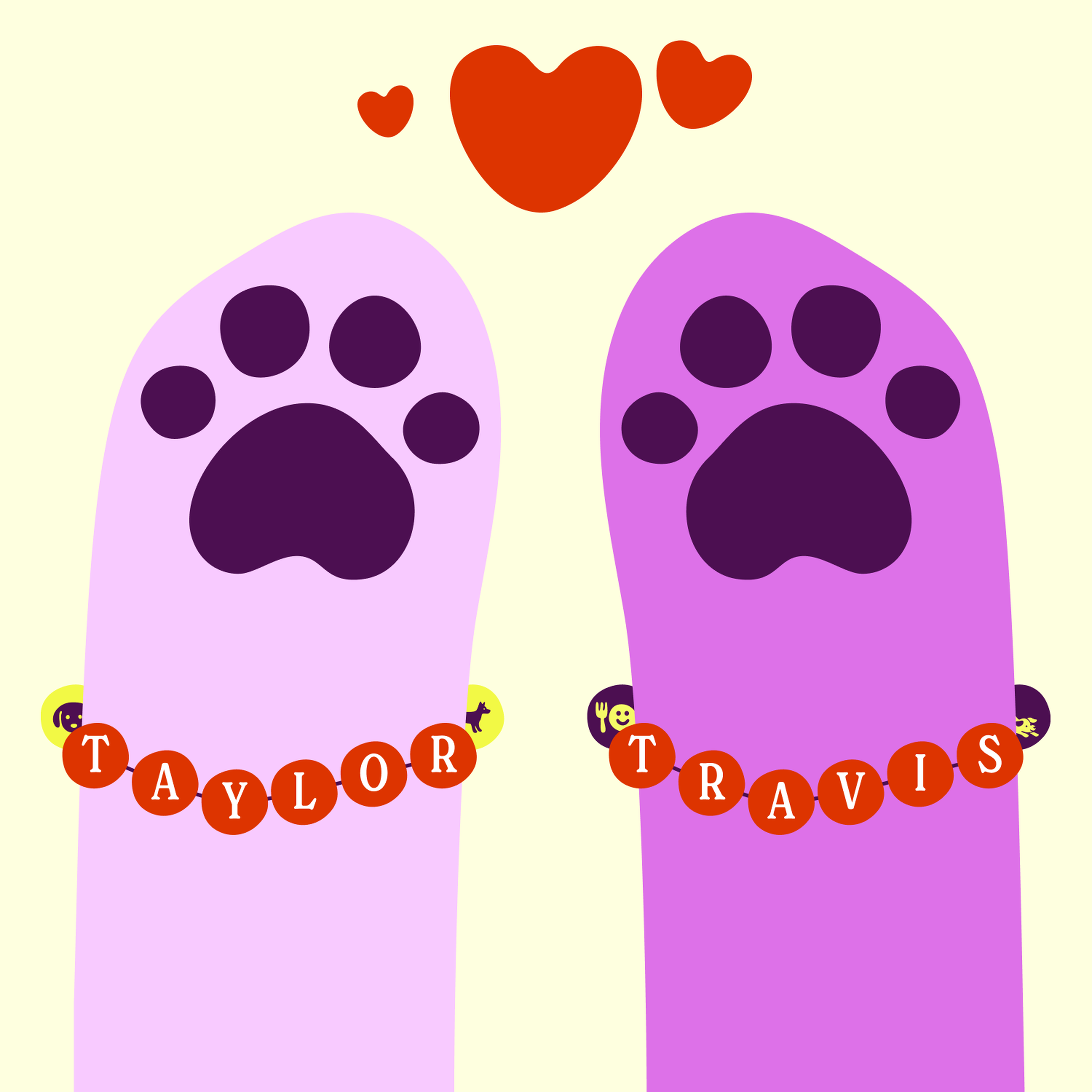 Two cartoon paw prints with bracelets spelling "Taylor" and "Travis," surrounded by red hearts, in a playful design.