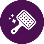 Icon of a hairbrush with sparkles on a purple circular background, symbolizing cleanliness or styling.