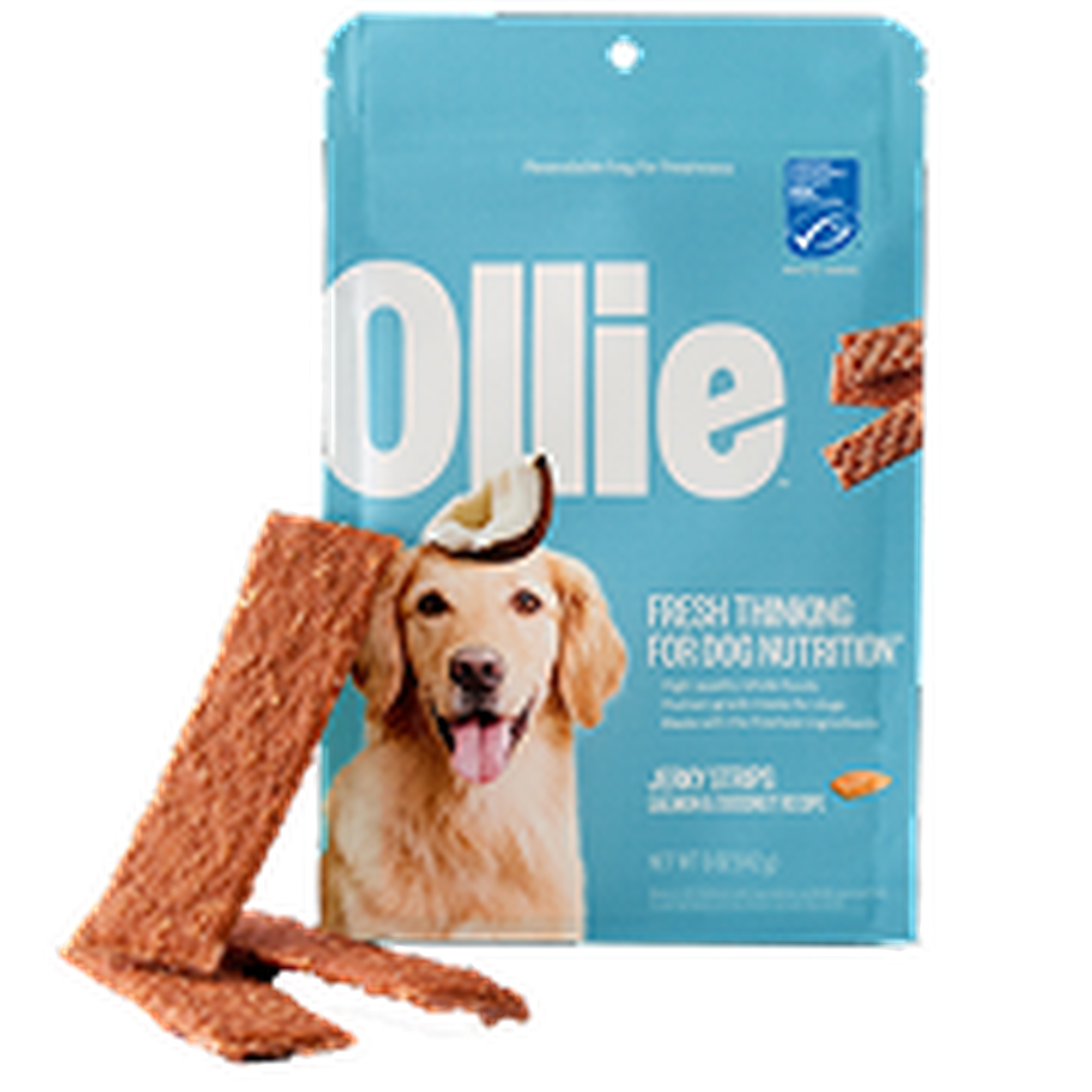 Image of a package of Ollie salmon jerky treats