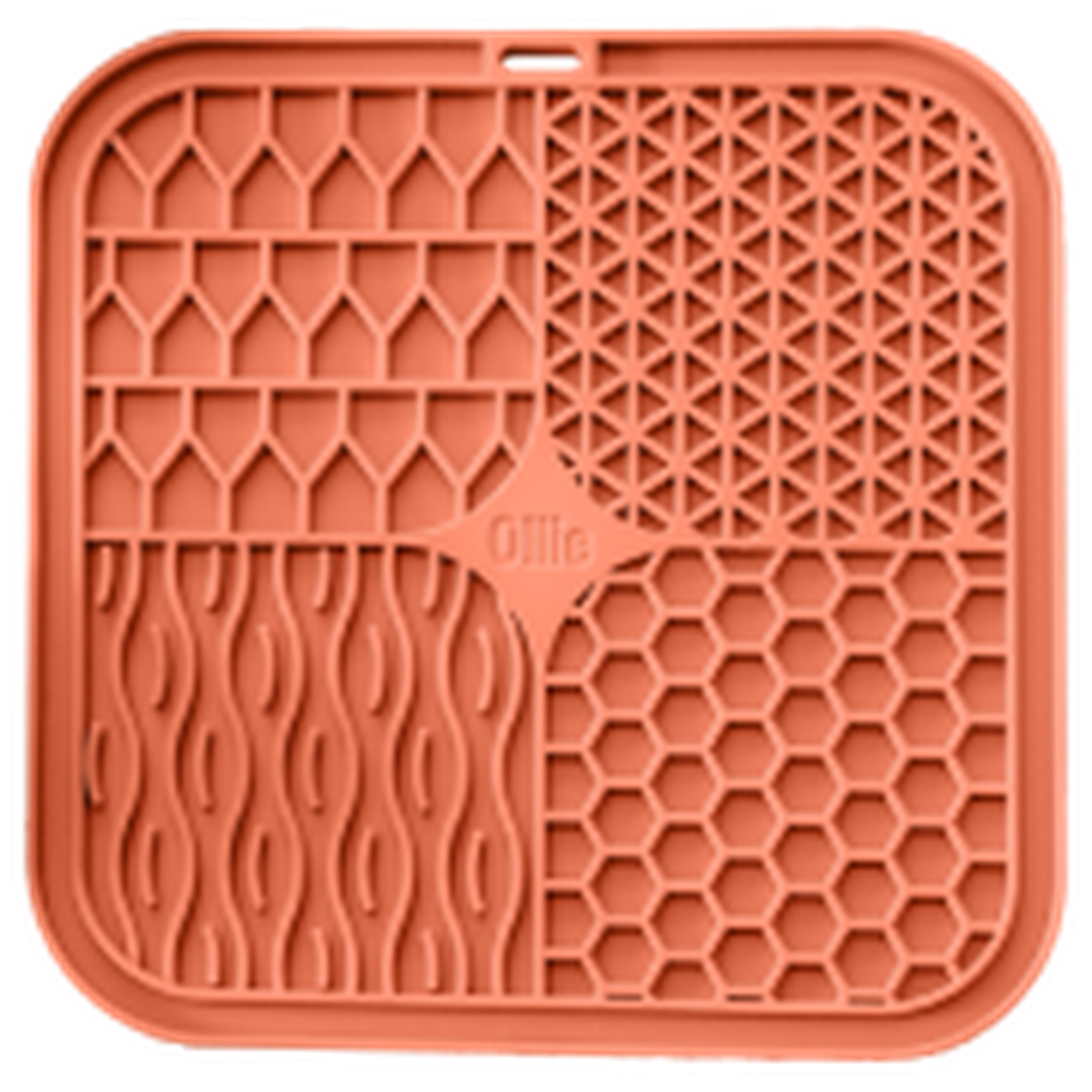 Square pink silicone mat with four textured sections, including wavy, honeycomb, and geometric patterns.