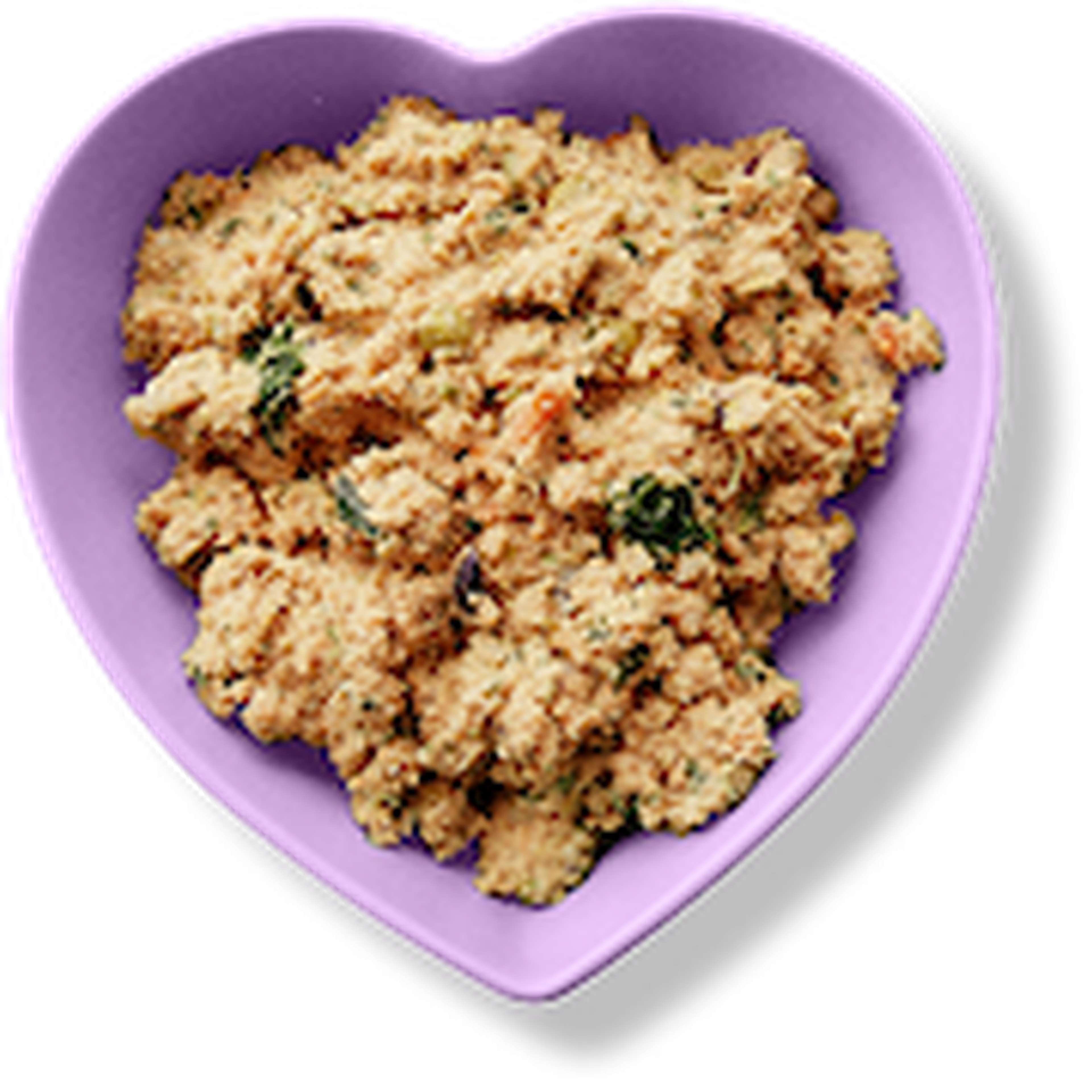 Heart-shaped purple bowl filled with a textured mixture, garnished with herbs.