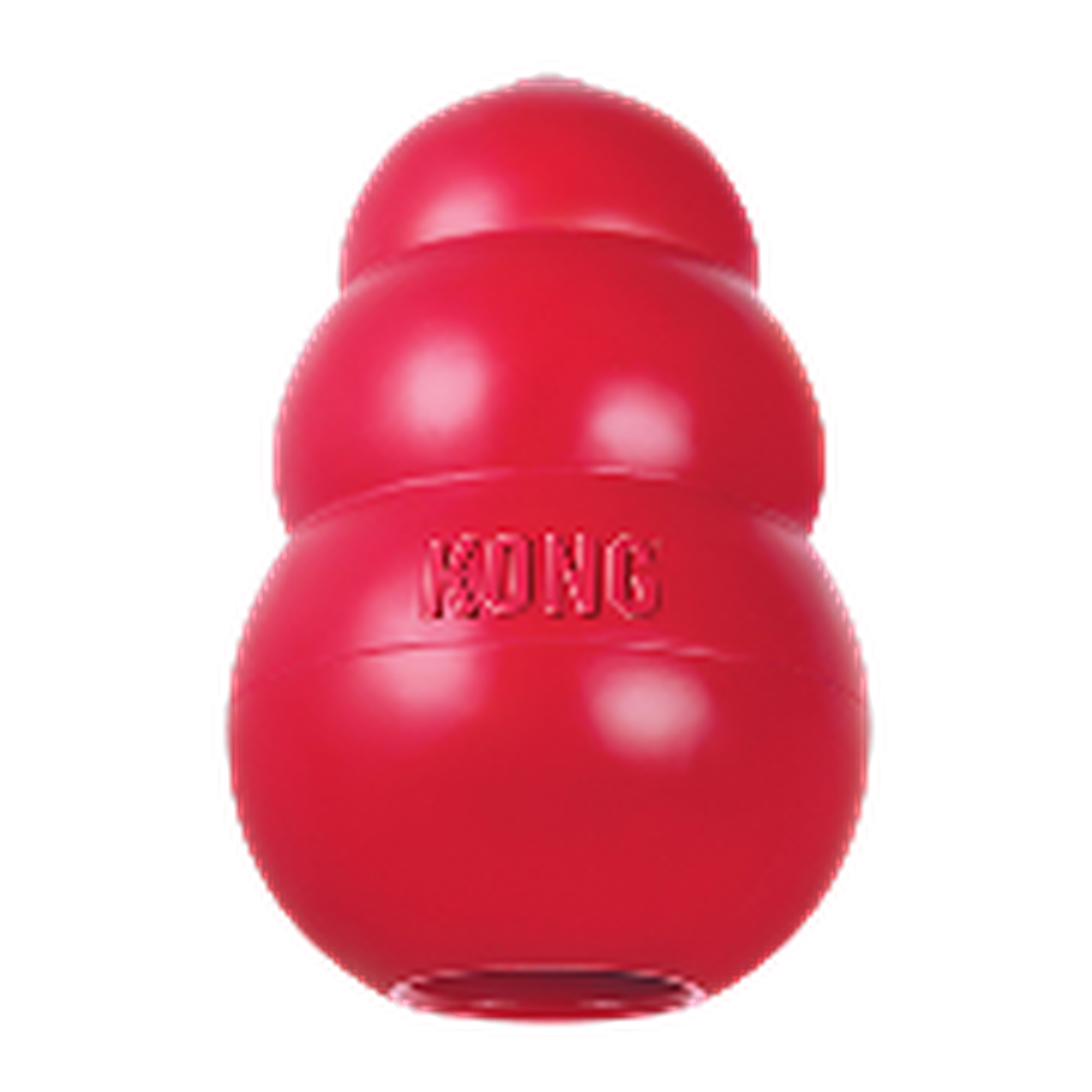 Red rubber dog toy with three stacked spherical sections, labeled "KONG" in the middle.